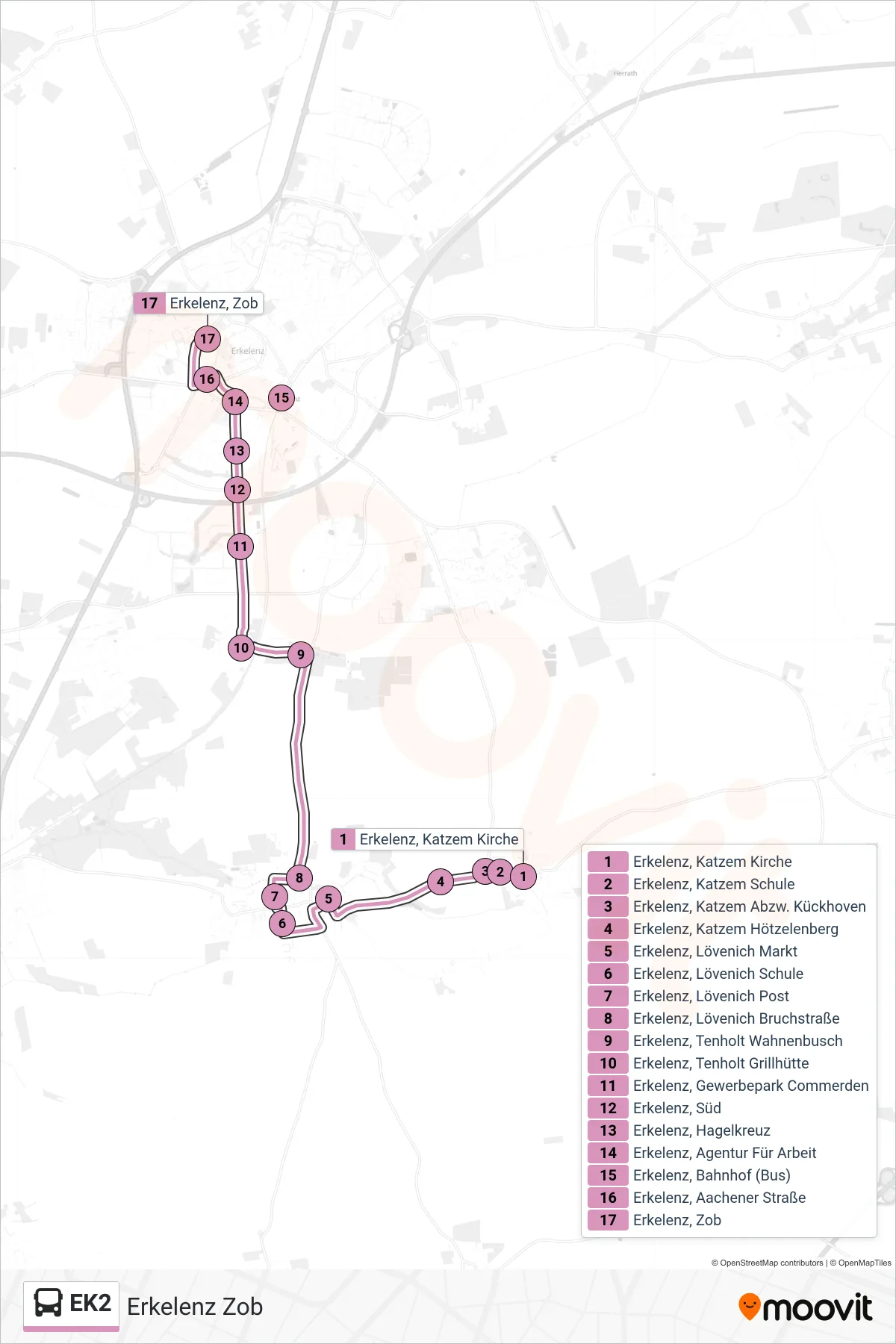 Linie EK2 (Bus) Richtung Erkelenz Zob: Route und Haltestellen auf der Karte