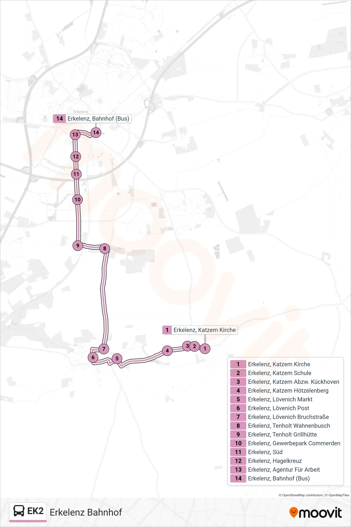 Linie EK2 (Bus) Richtung Erkelenz Bahnhof: Route und Haltestellen auf der Karte