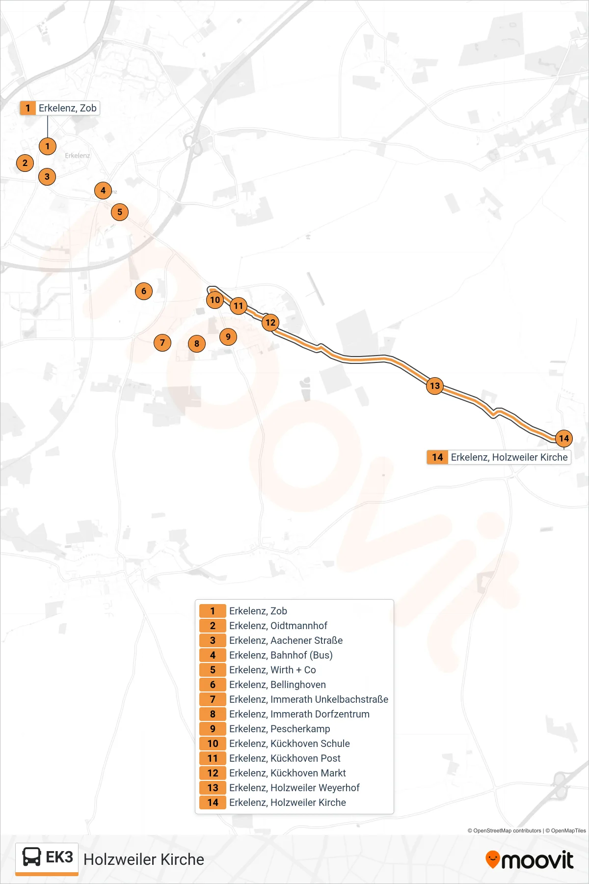 Linie EK3 (Bus) Richtung Holzweiler Kirche: Route und Haltestellen auf der Karte