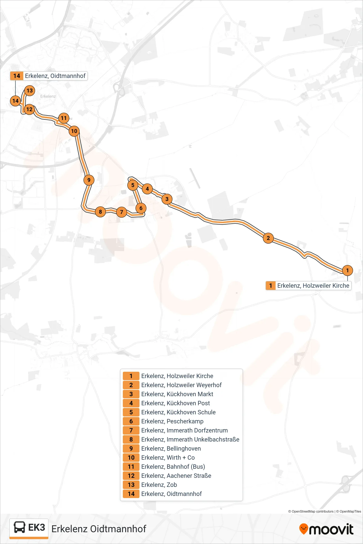 Linie EK3 (Bus) Richtung Erkelenz Oidtmannhof: Route und Haltestellen auf der Karte