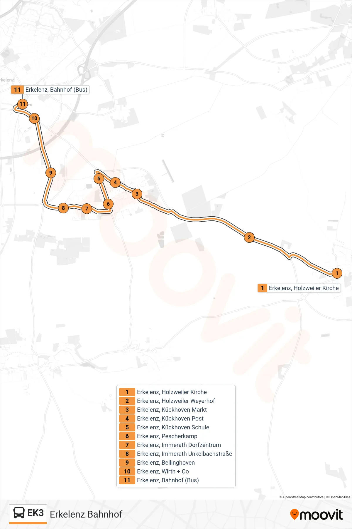 Linie EK3 (Bus) Richtung Erkelenz Bahnhof: Route und Haltestellen auf der Karte