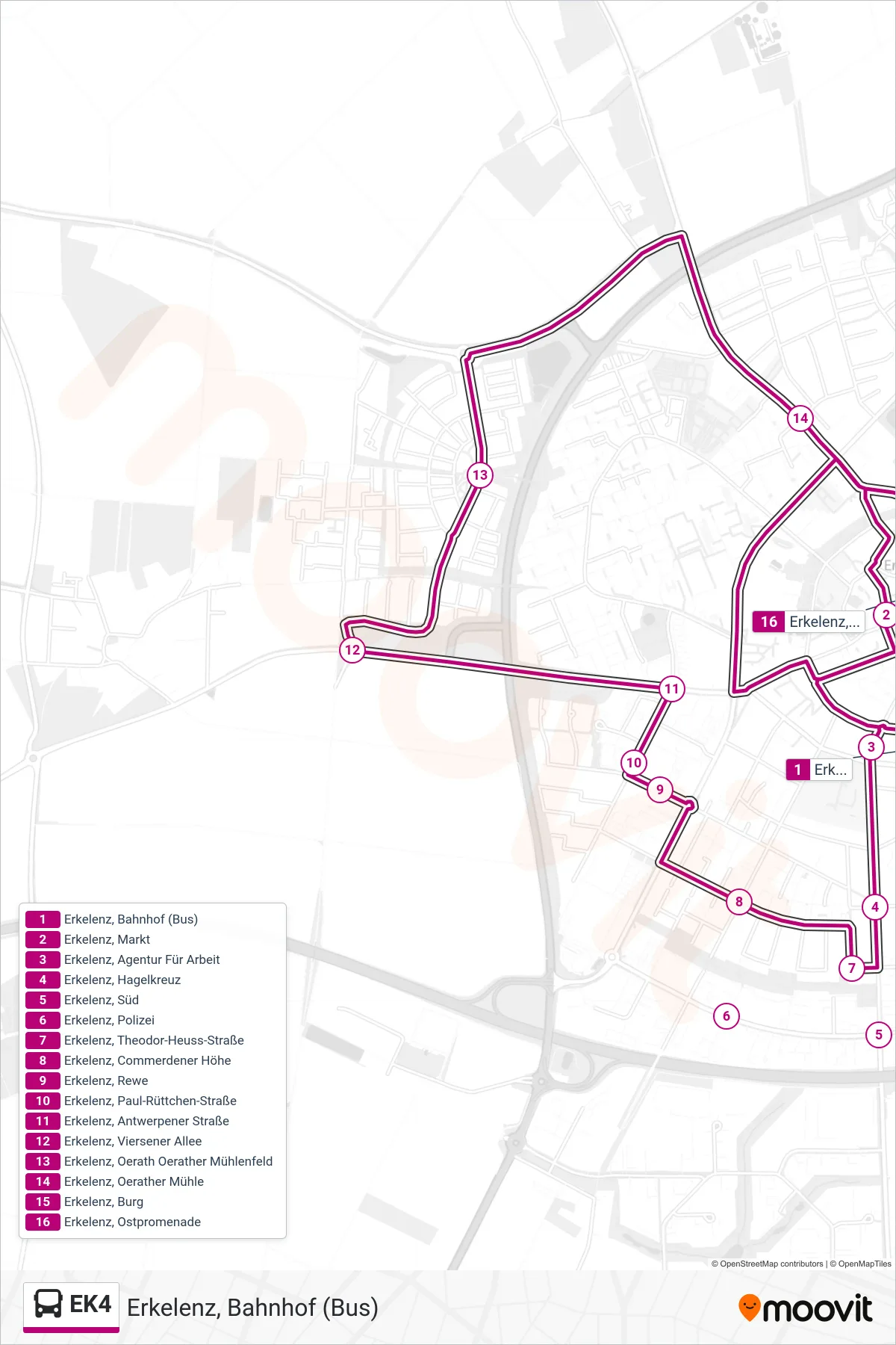 Linie EK4 (Bus) Richtung Erkelenz, Bahnhof (Bus): Route und Haltestellen auf der Karte