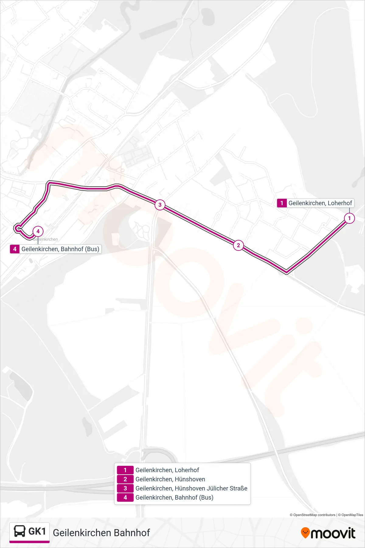 GK1 bus Line (Geilenkirchen Bahnhof) route and stops on a map