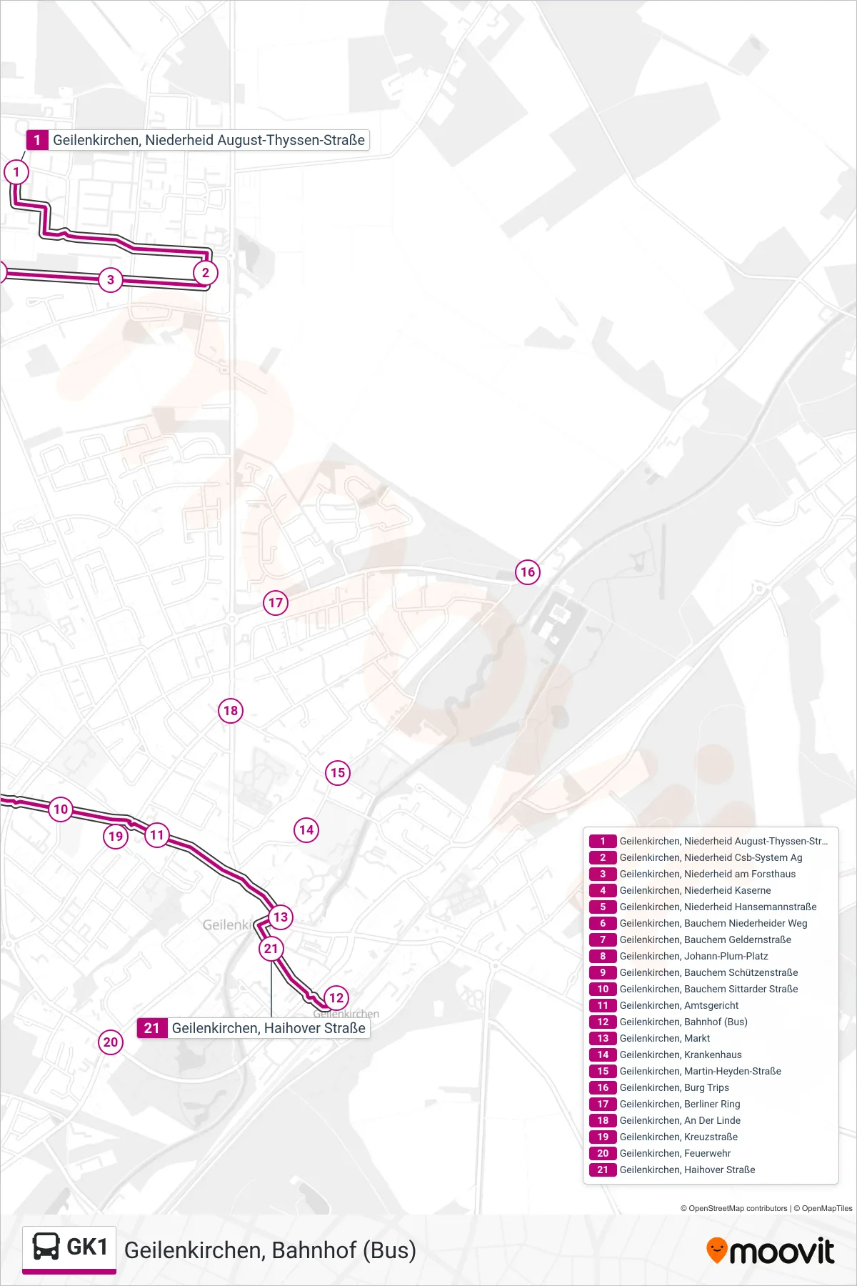 Linie GK1 (Bus) Richtung Geilenkirchen, Bahnhof (Bus): Route und Haltestellen auf der Karte