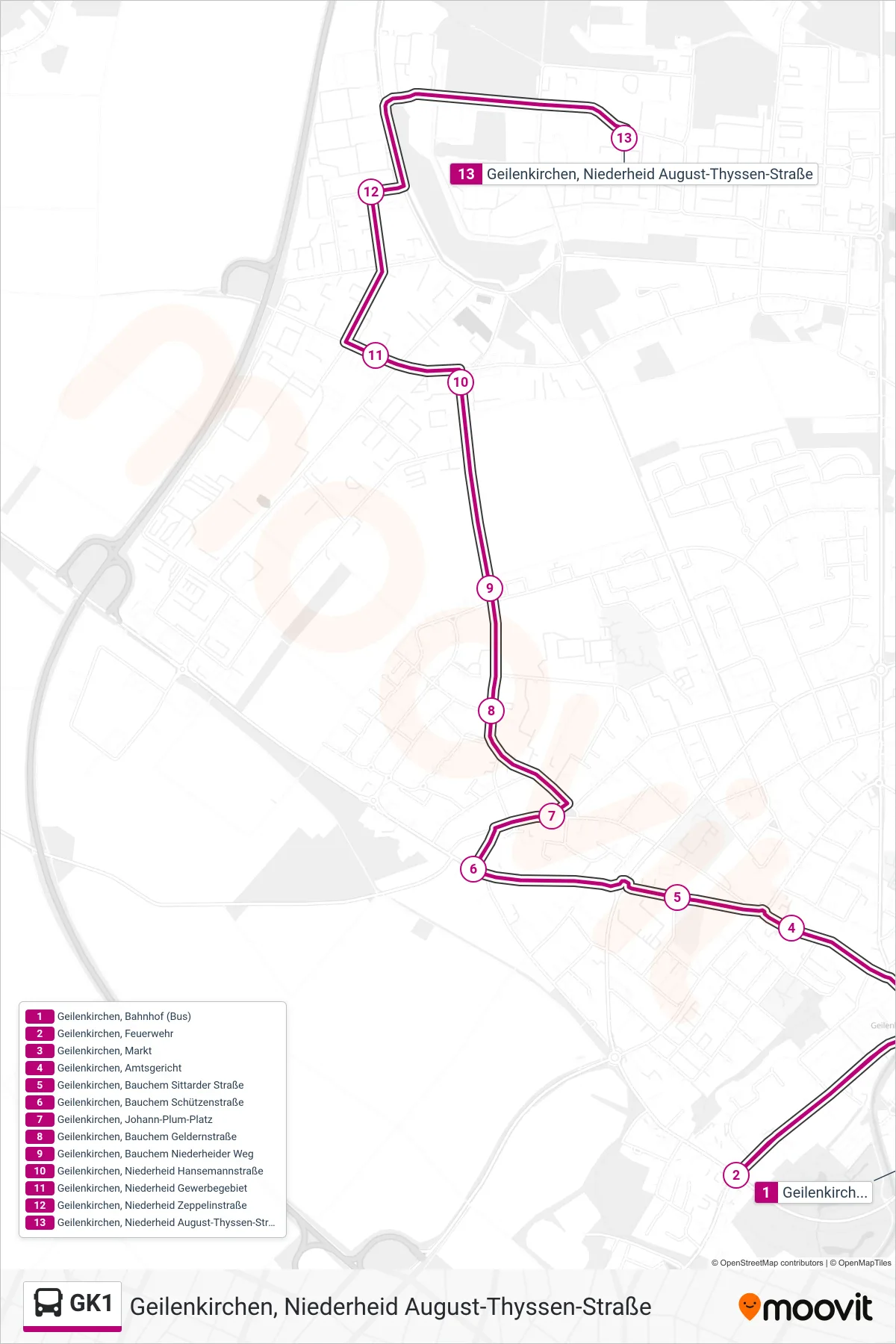 Linie GK1 (Bus) Richtung Geilenkirchen, Niederheid August-Thyssen-Straße: Route und Haltestellen auf der Karte