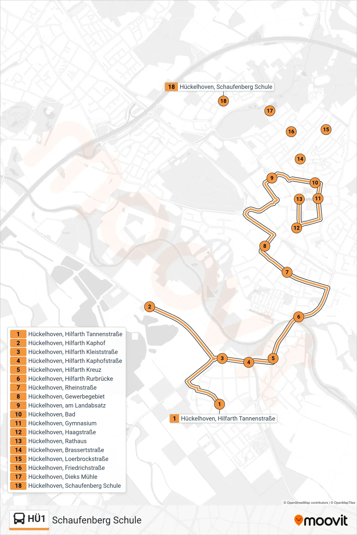 HÜ1 bus Line (Schaufenberg Schule) route and stops on a map