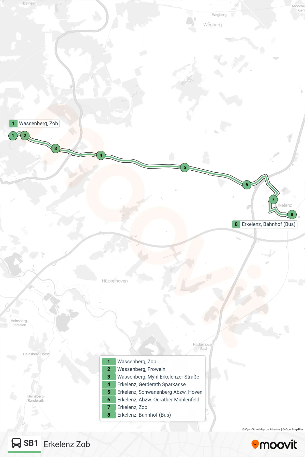 SB1 bus Line (Erkelenz Zob) route and stops on a map