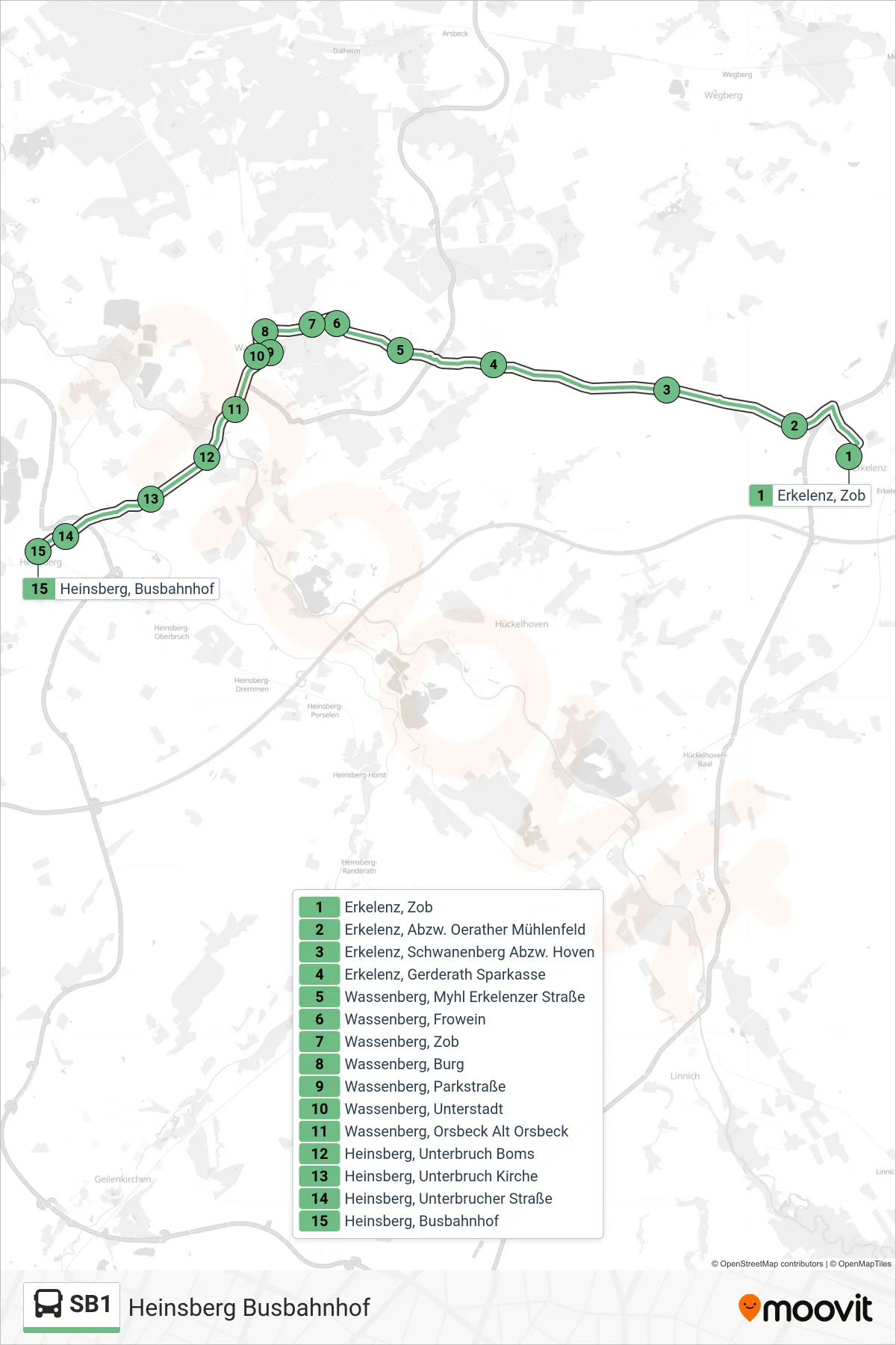 Linie SB1 (Bus) Richtung Heinsberg Busbahnhof: Route und Haltestellen auf der Karte