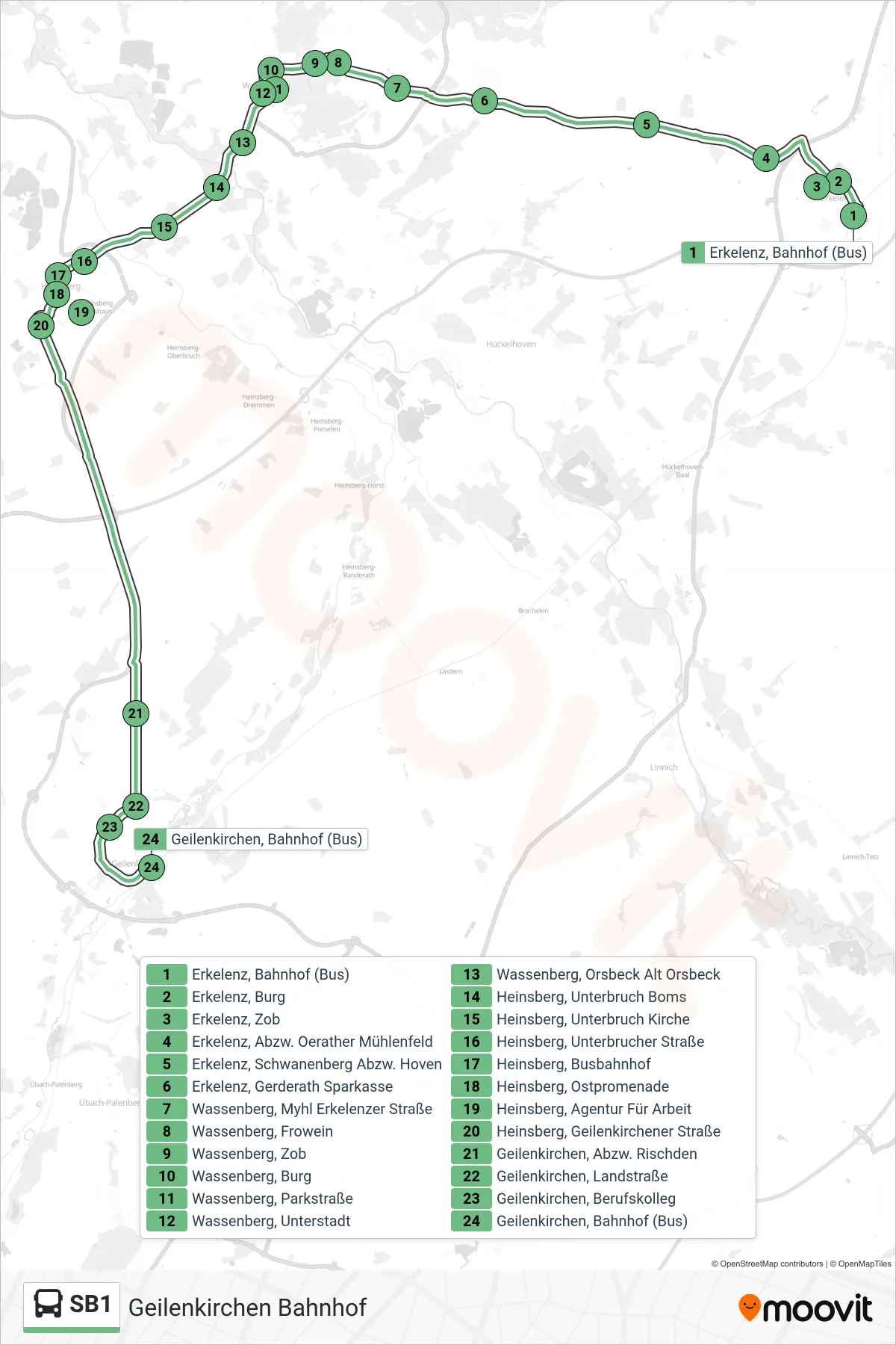 Linie SB1 (Bus) Richtung Geilenkirchen Bahnhof: Route und Haltestellen auf der Karte