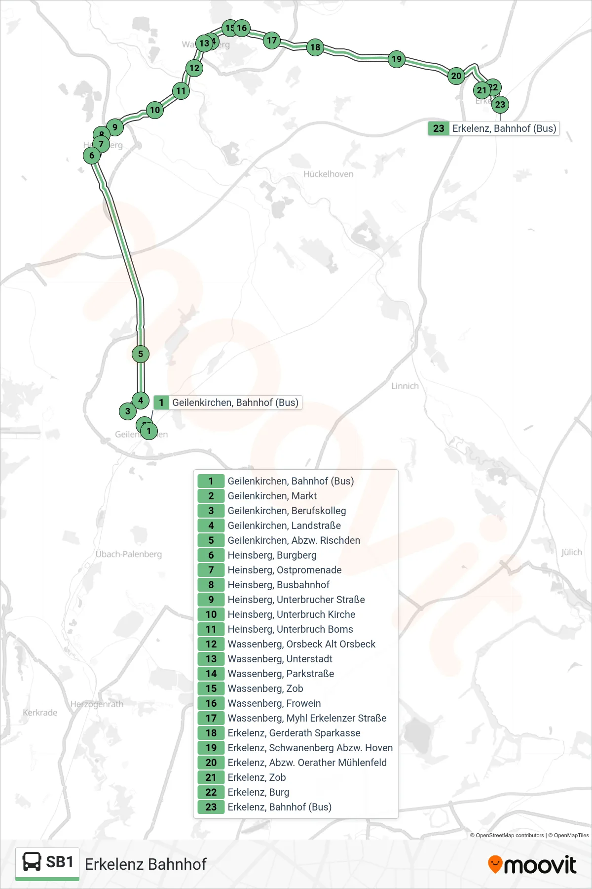 Linie SB1 (Bus) Richtung Erkelenz Bahnhof: Route und Haltestellen auf der Karte
