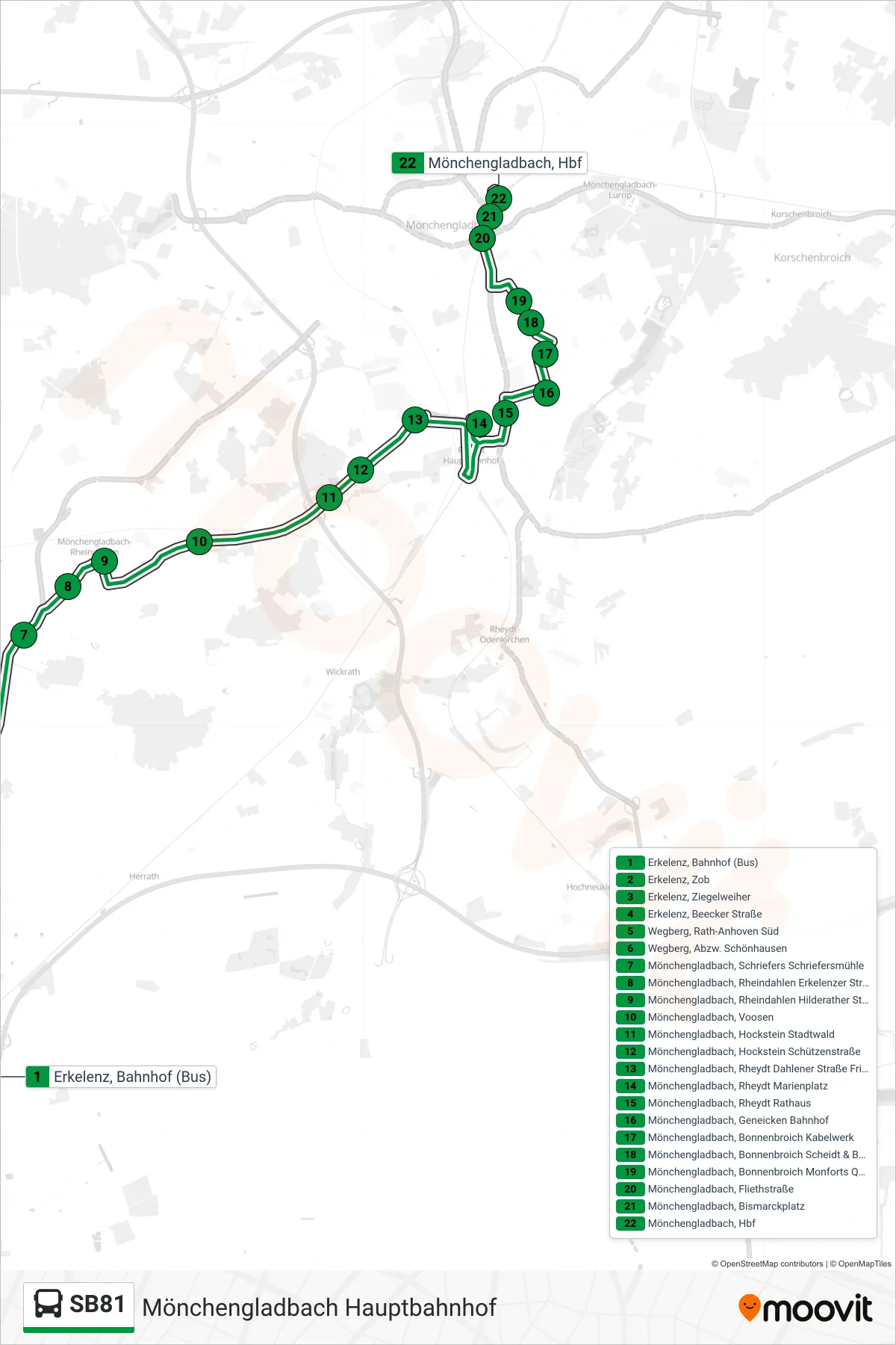 Linie SB81 (Bus) Richtung Mönchengladbach Hauptbahnhof: Route und Haltestellen auf der Karte
