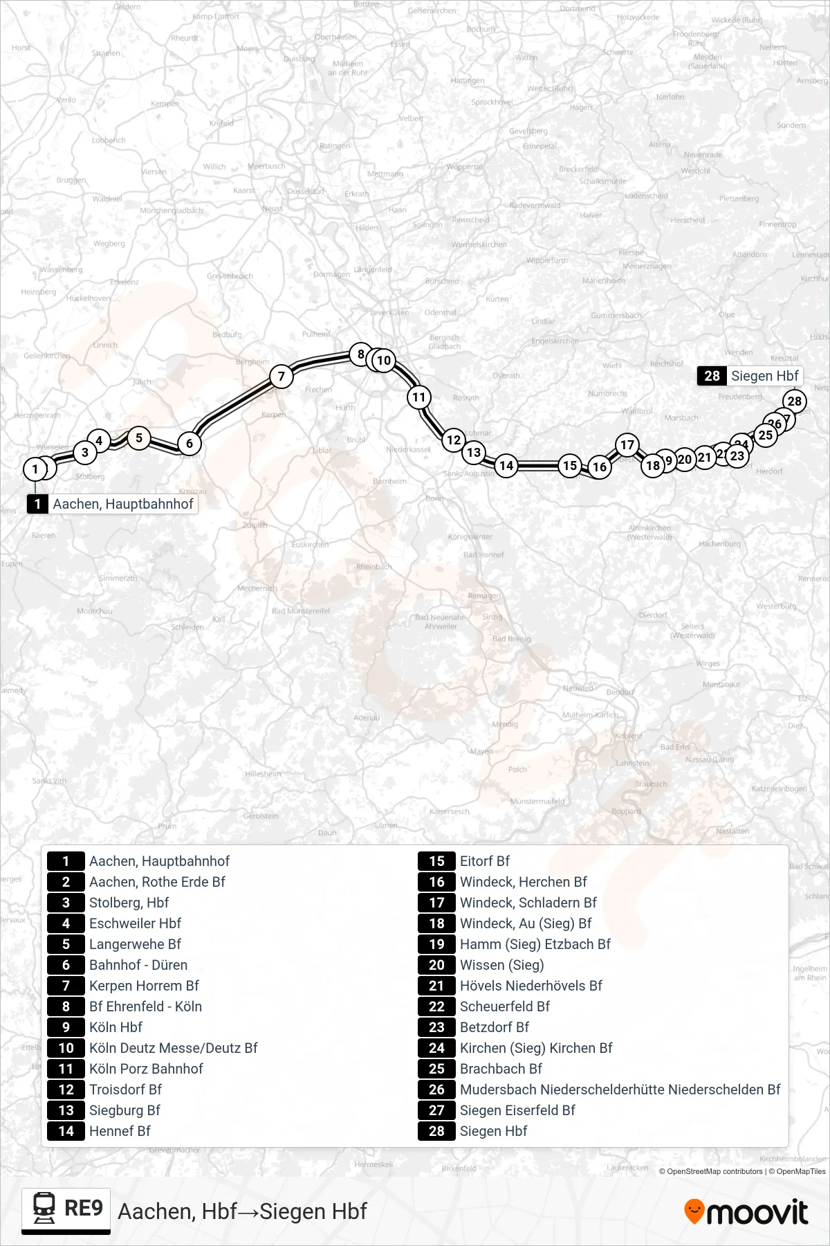Linie RE9 (Bahn) Richtung Aachen, Hbf→Siegen Hbf: Route und Haltestellen auf der Karte