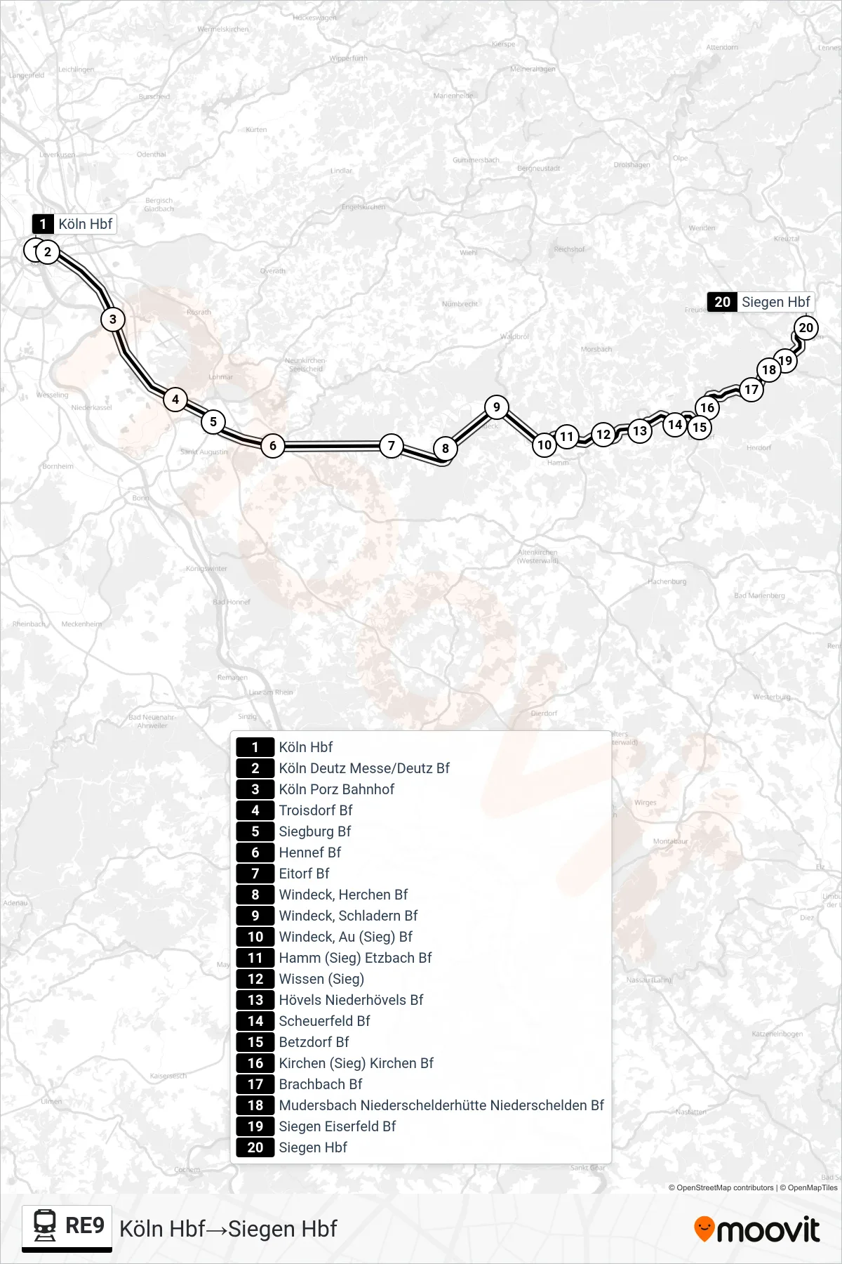 Linie RE9 (Bahn) Richtung Köln Hbf‎→Siegen Hbf: Route und Haltestellen auf der Karte