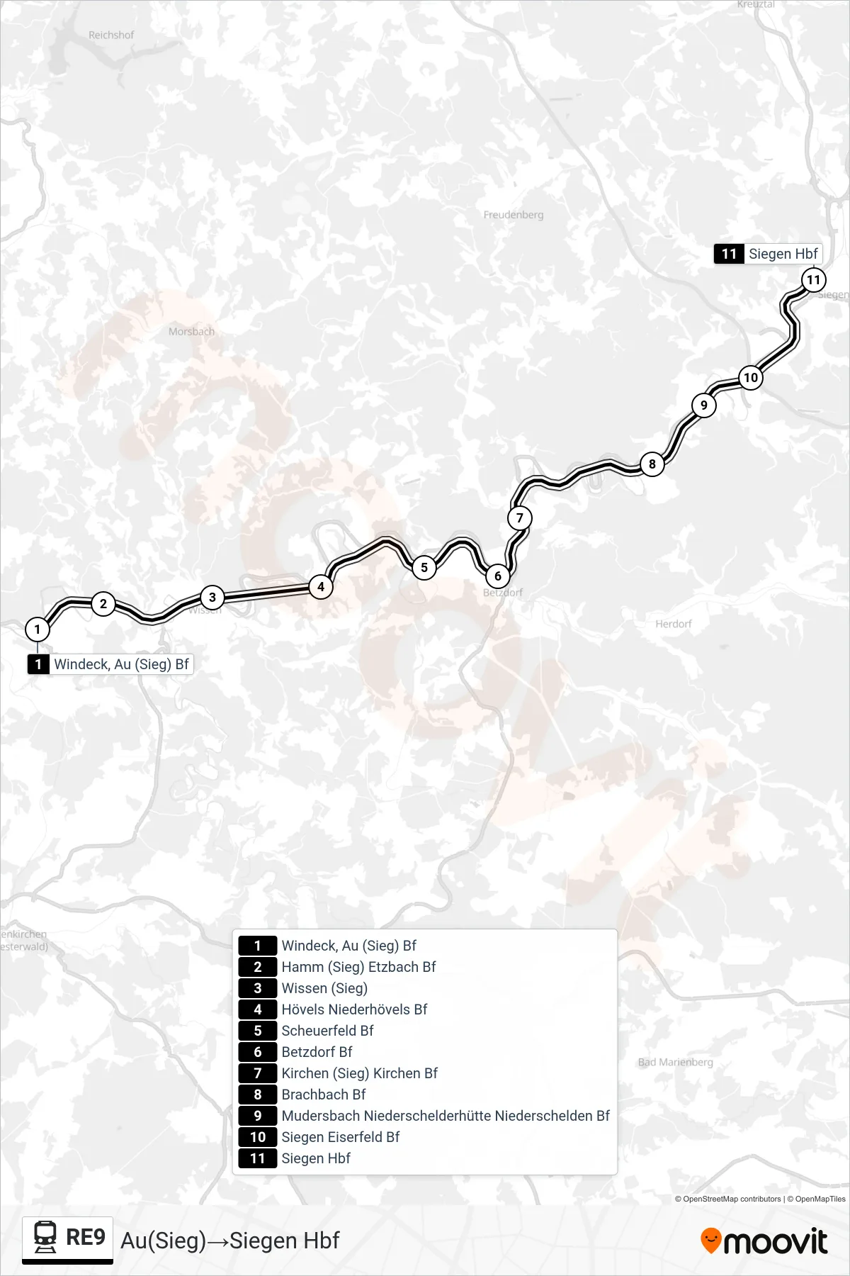 RE9 train Line (Au(Sieg)→Siegen Hbf) route and stops on a map