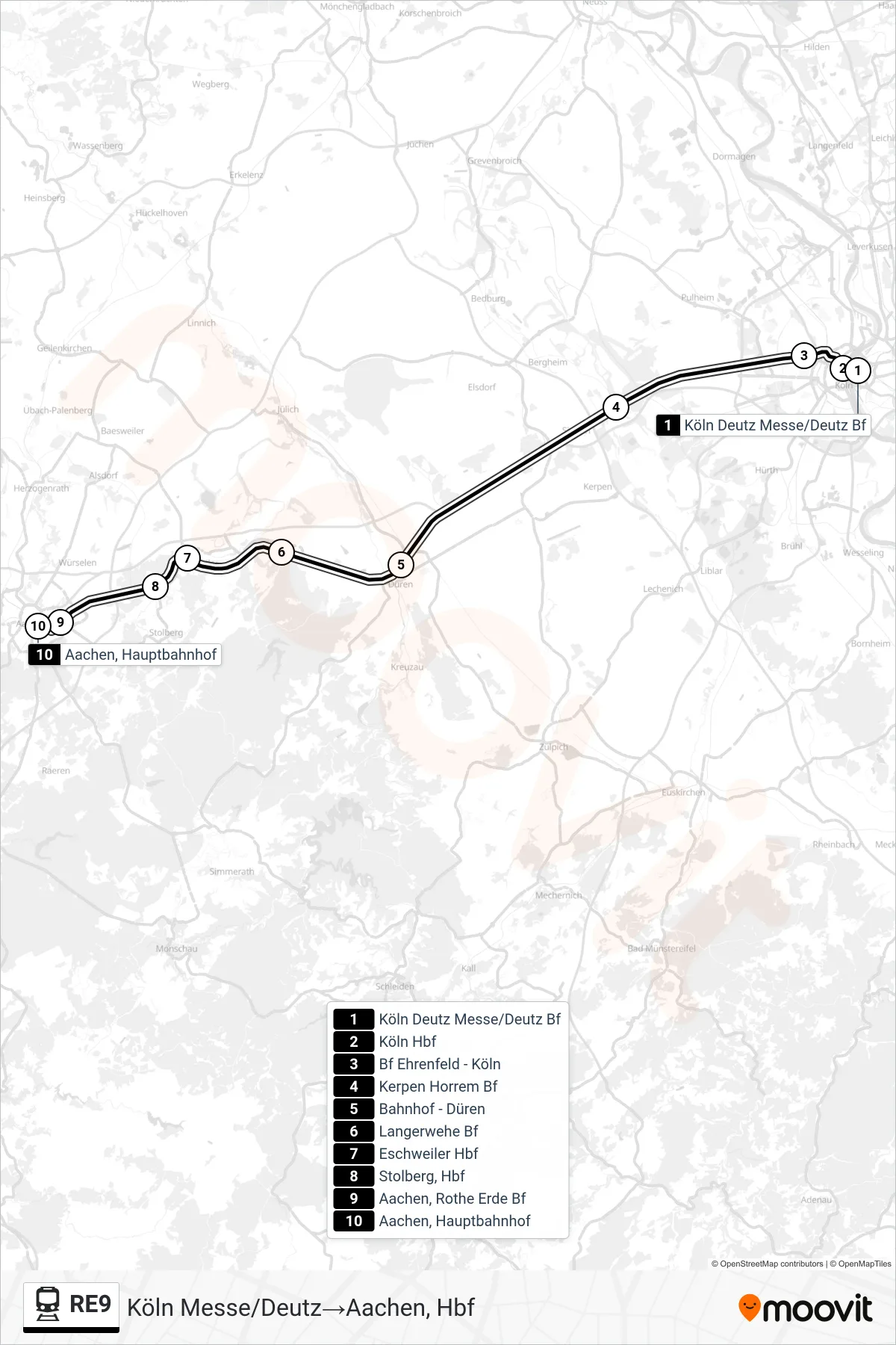 Linie RE9 (Bahn) Richtung Köln Messe/Deutz→Aachen, Hbf: Route und Haltestellen auf der Karte