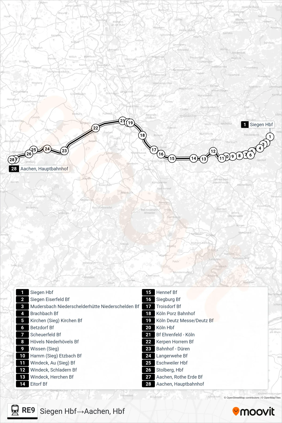 Linie RE9 (Bahn) Richtung Siegen Hbf‎→Aachen, Hbf: Route und Haltestellen auf der Karte