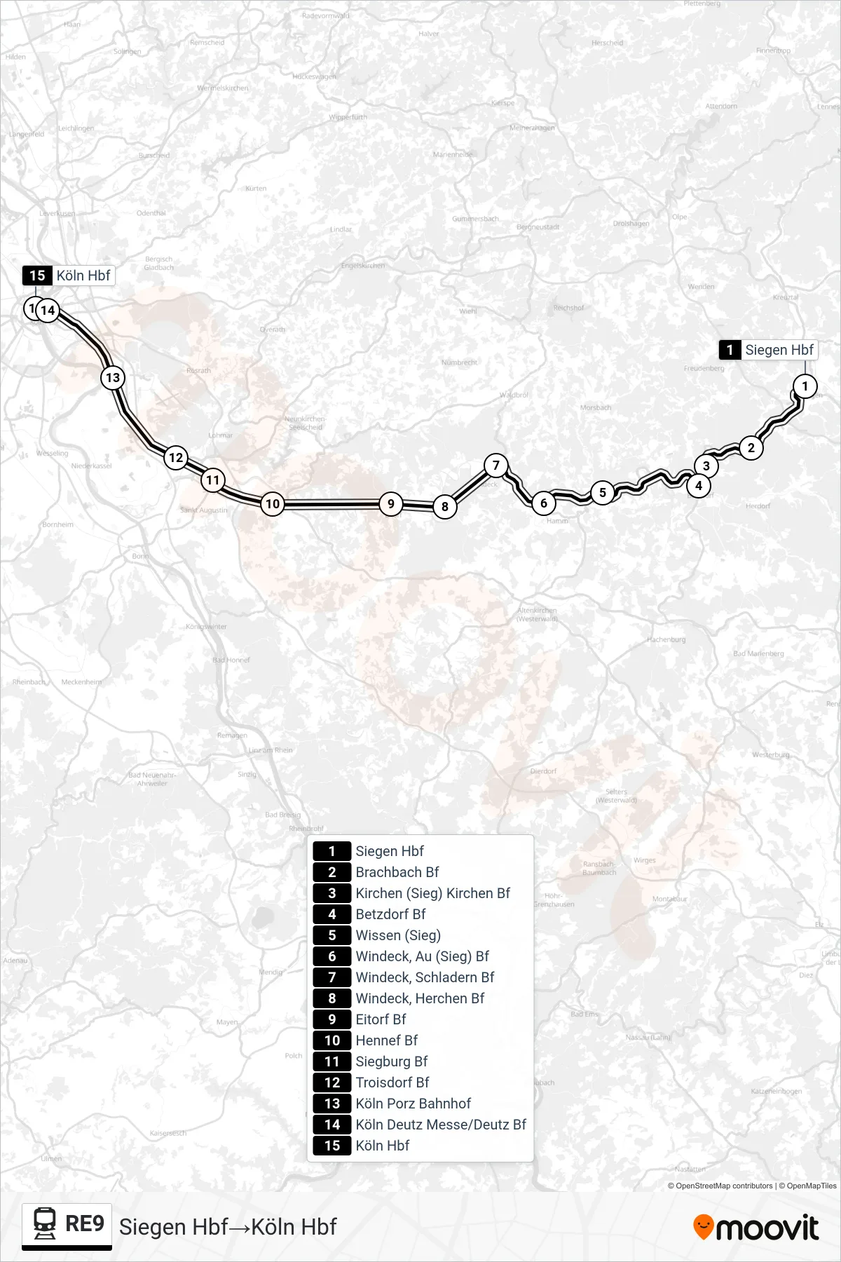 Linie RE9 (Bahn) Richtung Siegen Hbf→Köln Hbf: Route und Haltestellen auf der Karte