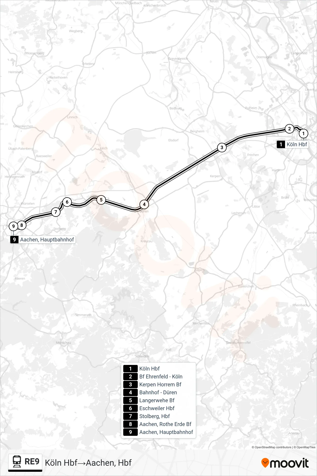 Linie RE9 (Bahn) Richtung Köln Hbf‎→Aachen, Hbf: Route und Haltestellen auf der Karte