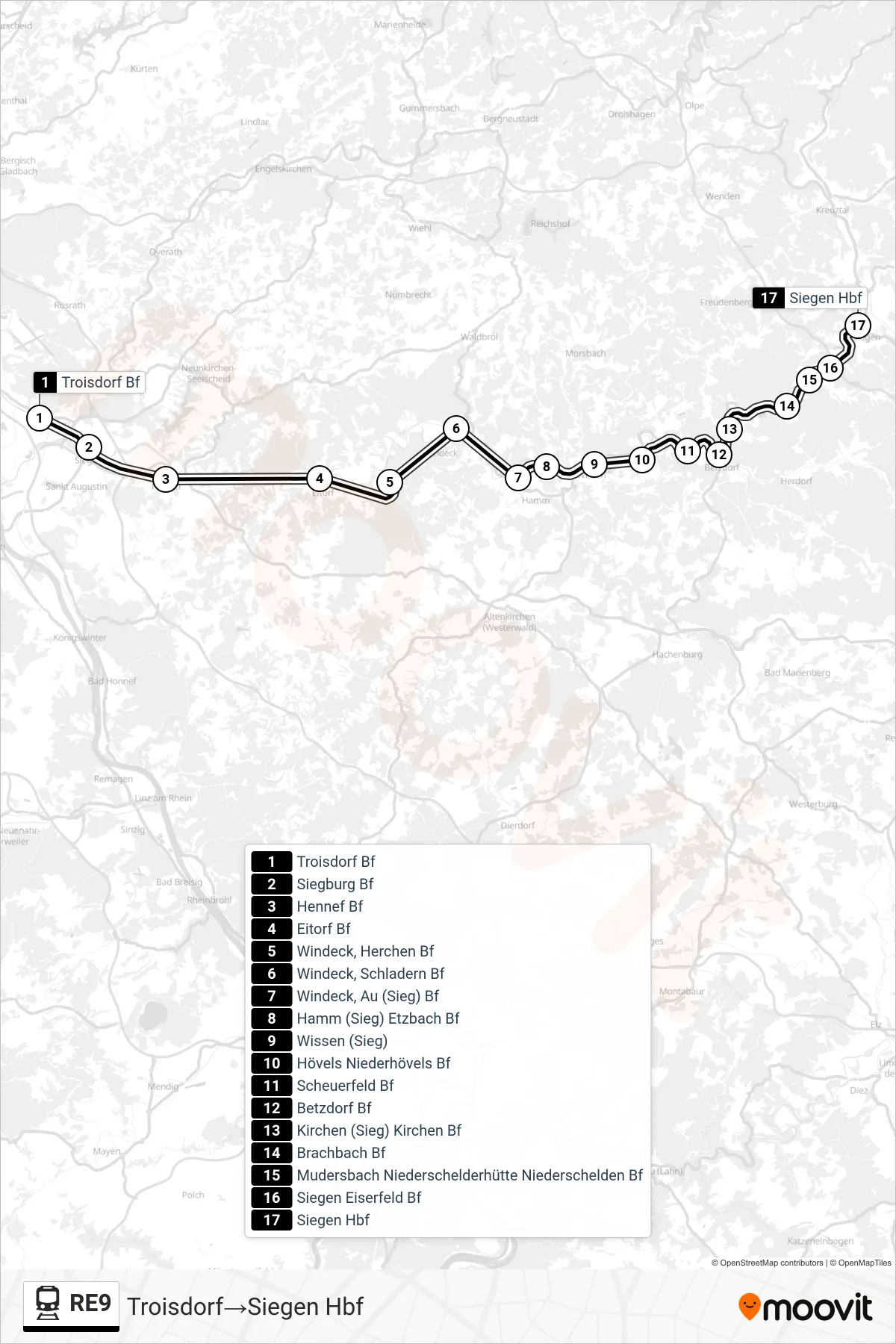 Linie RE9 (Bahn) Richtung Troisdorf→Siegen Hbf: Route und Haltestellen auf der Karte