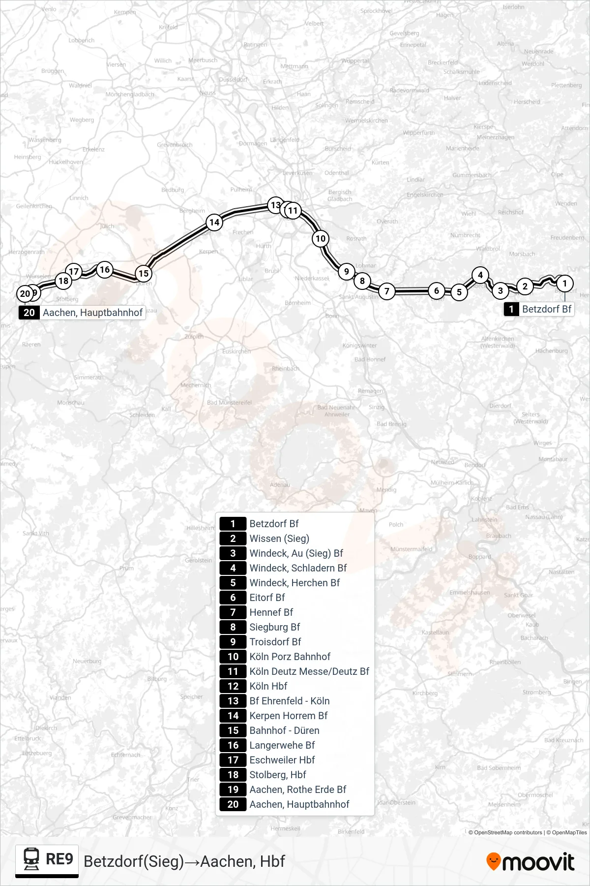 Linie RE9 (Bahn) Richtung Betzdorf(Sieg)→Aachen, Hbf: Route und Haltestellen auf der Karte