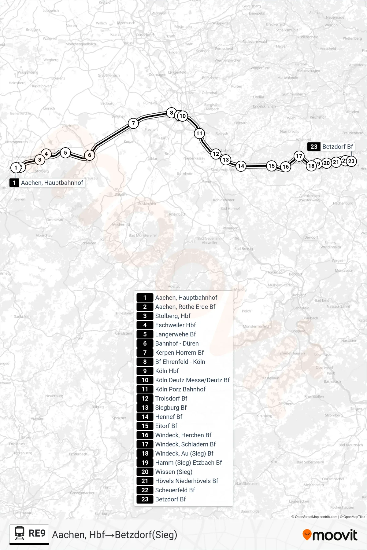 RE9 rail Line (Aachen, Hbf→Betzdorf(Sieg)) route and stops on a map