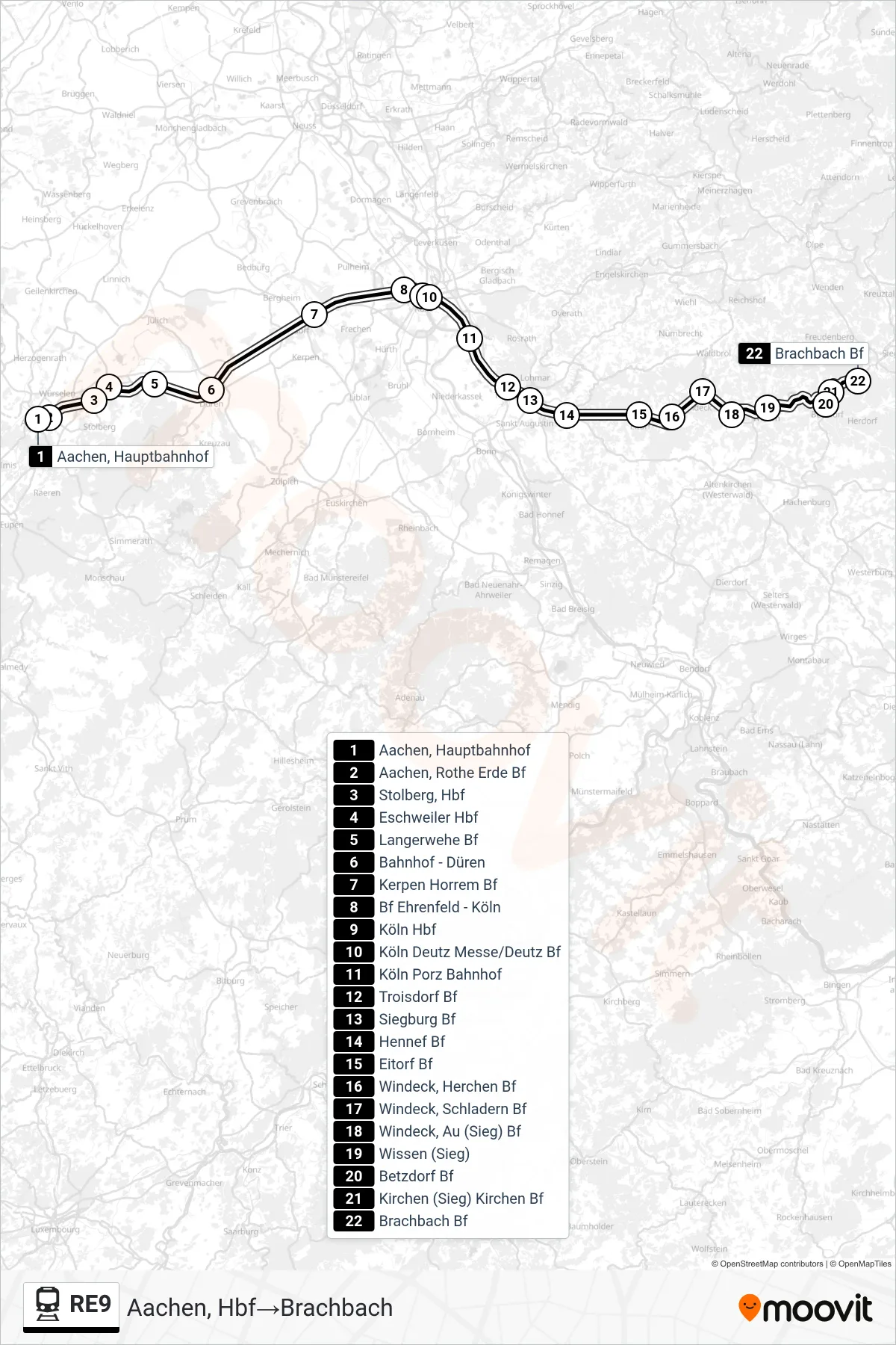 Linie RE9 (Bahn) Richtung Aachen, Hbf→Brachbach: Route und Haltestellen auf der Karte