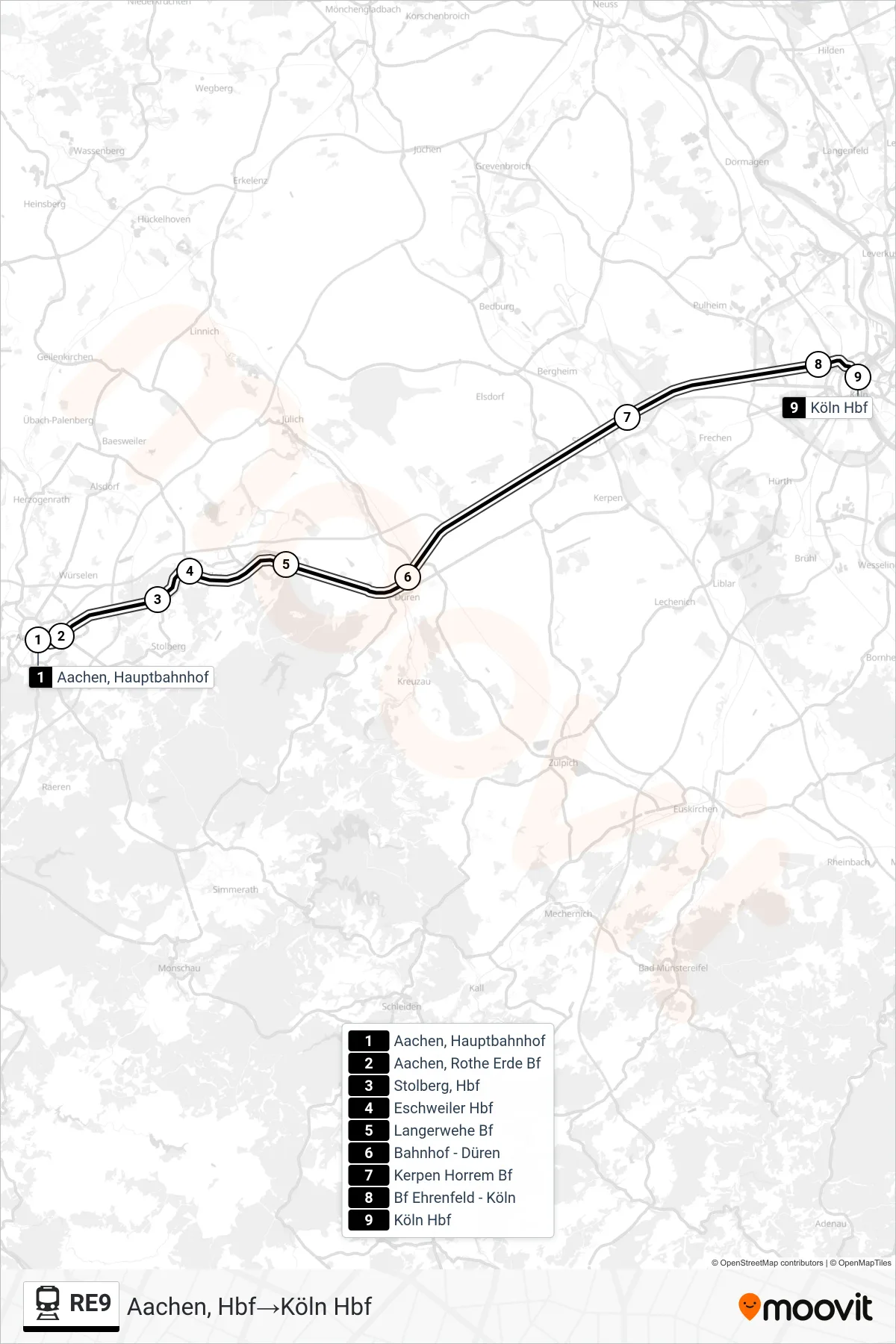 Linie RE9 (Bahn) Richtung Aachen, Hbf‎→Köln Hbf: Route und Haltestellen auf der Karte