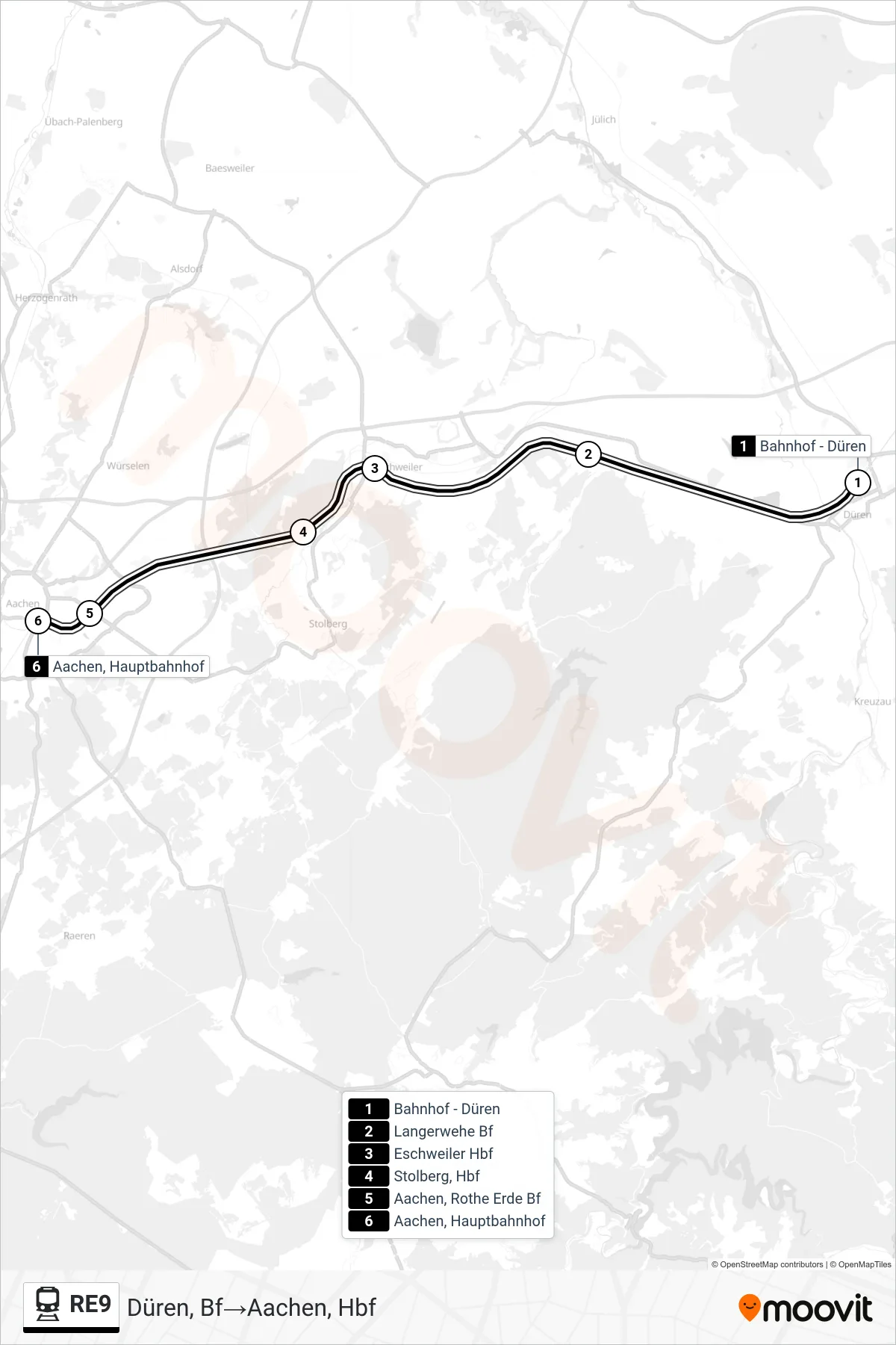 RE9 train Line (Düren, Bf‎→Aachen, Hbf) route and stops on a map