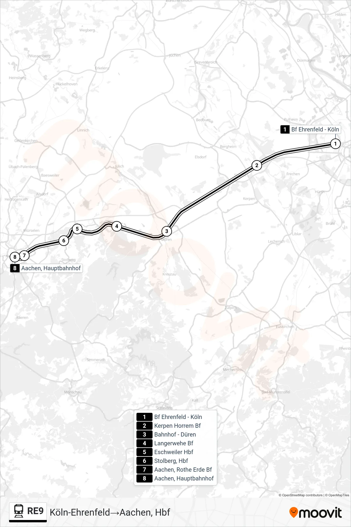 Linie RE9 (Bahn) Richtung Köln-Ehrenfeld→Aachen, Hbf: Route und Haltestellen auf der Karte