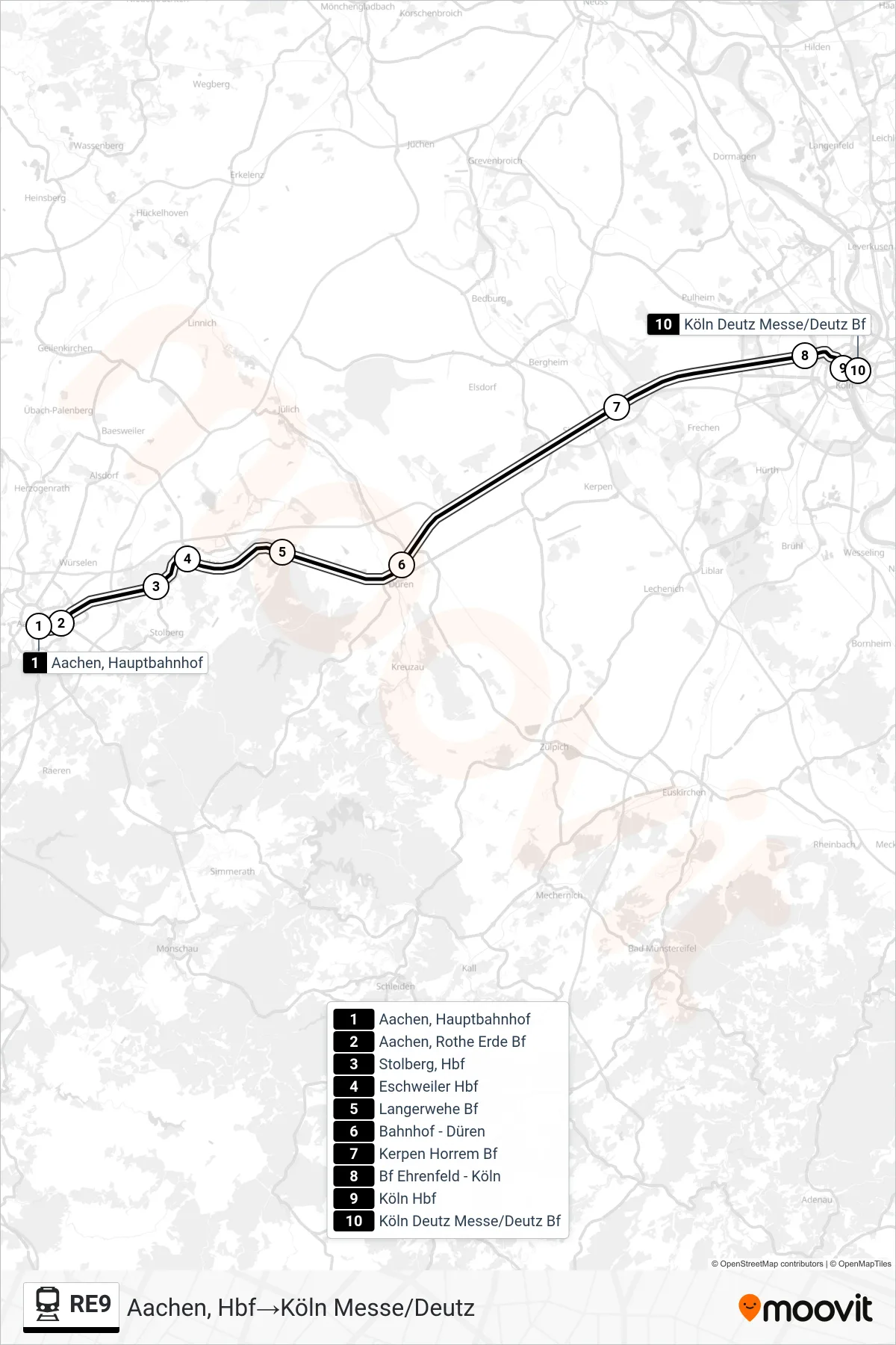Linie RE9 (Bahn) Richtung Aachen, Hbf→Köln Messe/Deutz: Route und Haltestellen auf der Karte