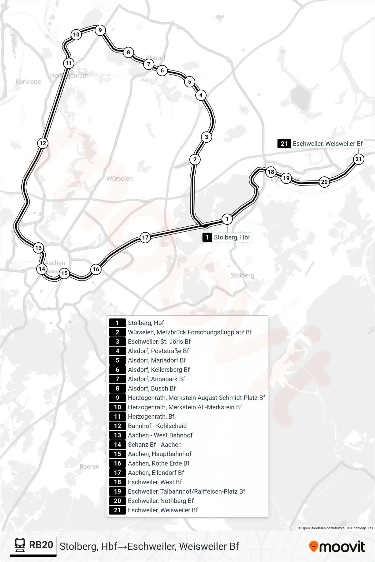 Linie RB20 (Bahn) Richtung Stolberg, Hbf→Eschweiler, Weisweiler Bf: Route und Haltestellen auf der Karte