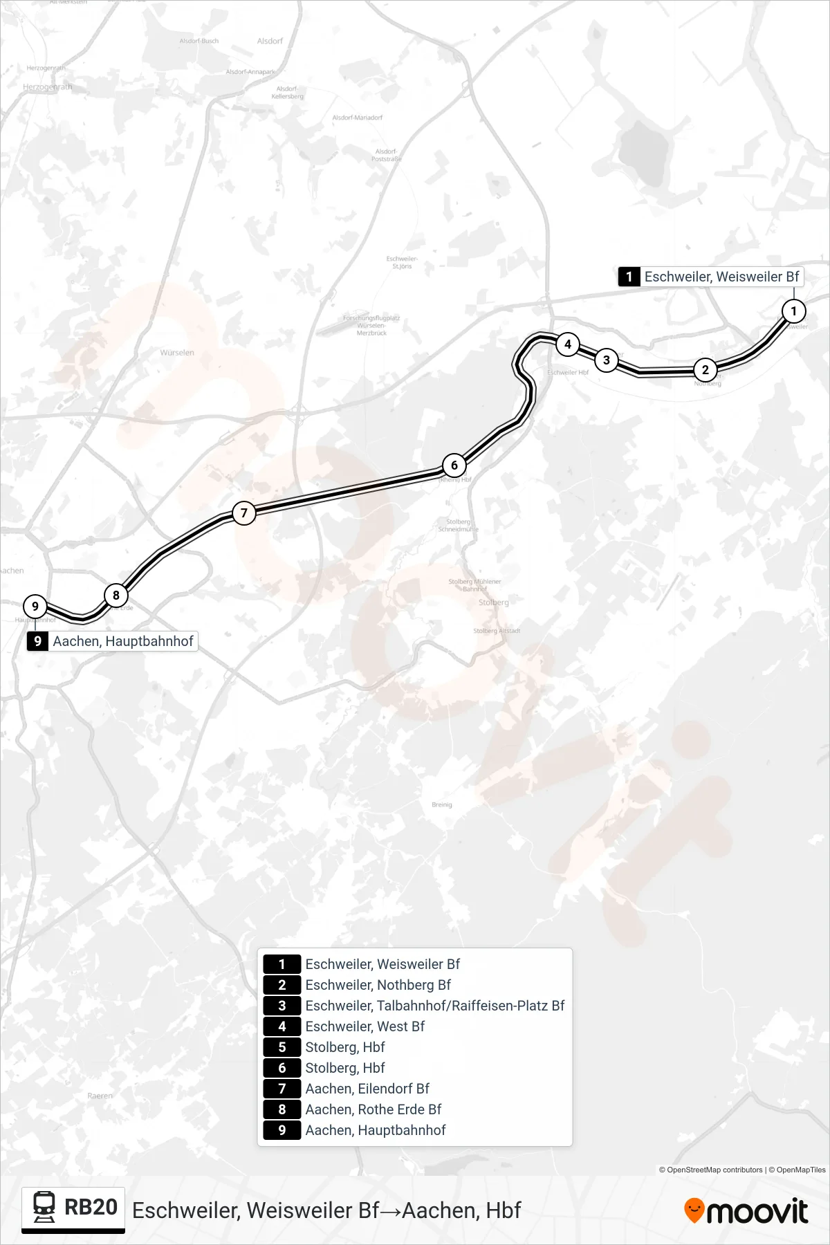 Linie RB20 (Bahn) Richtung Eschweiler, Weisweiler Bf→Aachen, Hbf: Route und Haltestellen auf der Karte