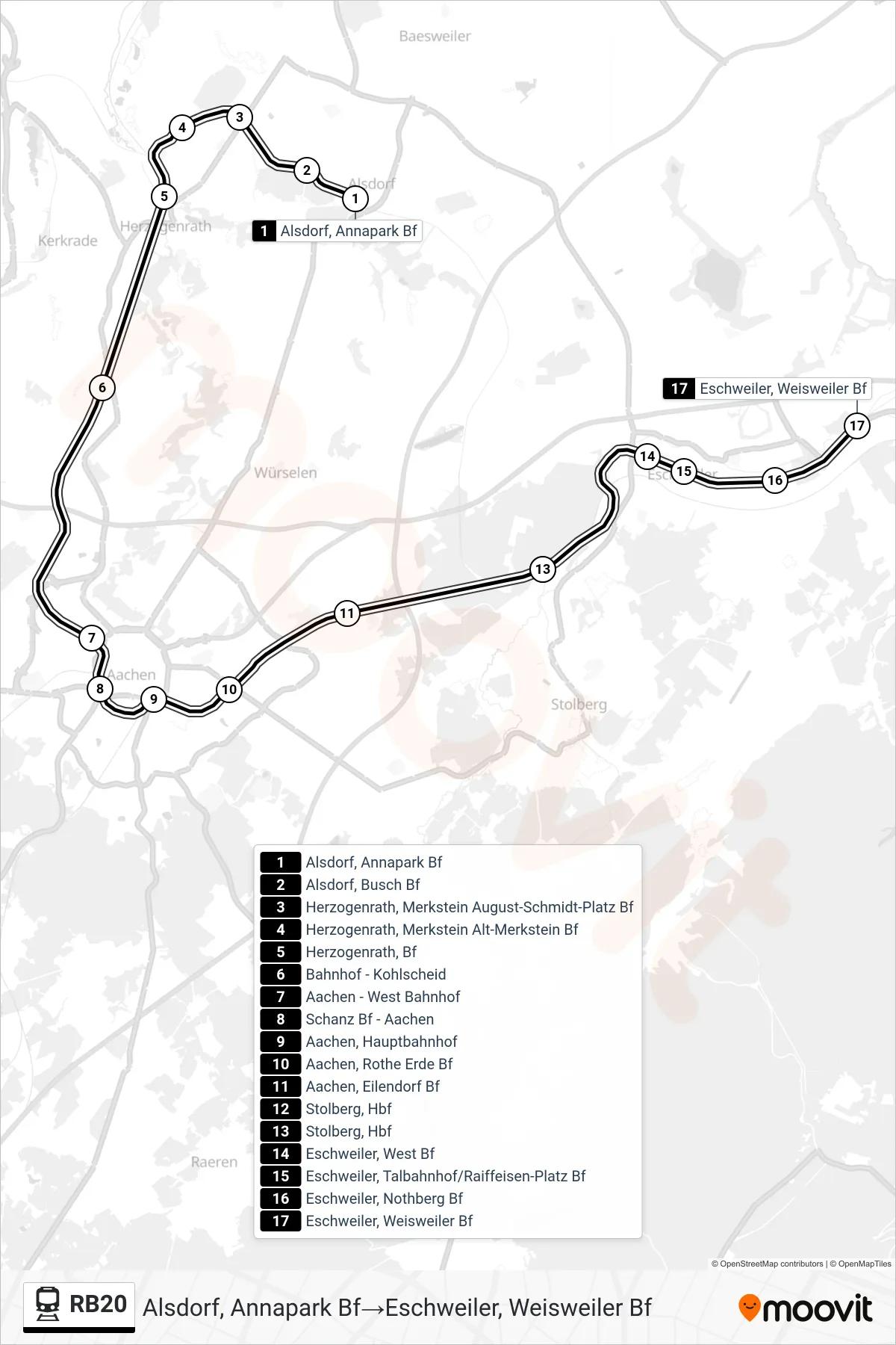 Linie RB20 (Bahn) Richtung Alsdorf, Annapark Bf‎→Eschweiler, Weisweiler Bf: Route und Haltestellen auf der Karte