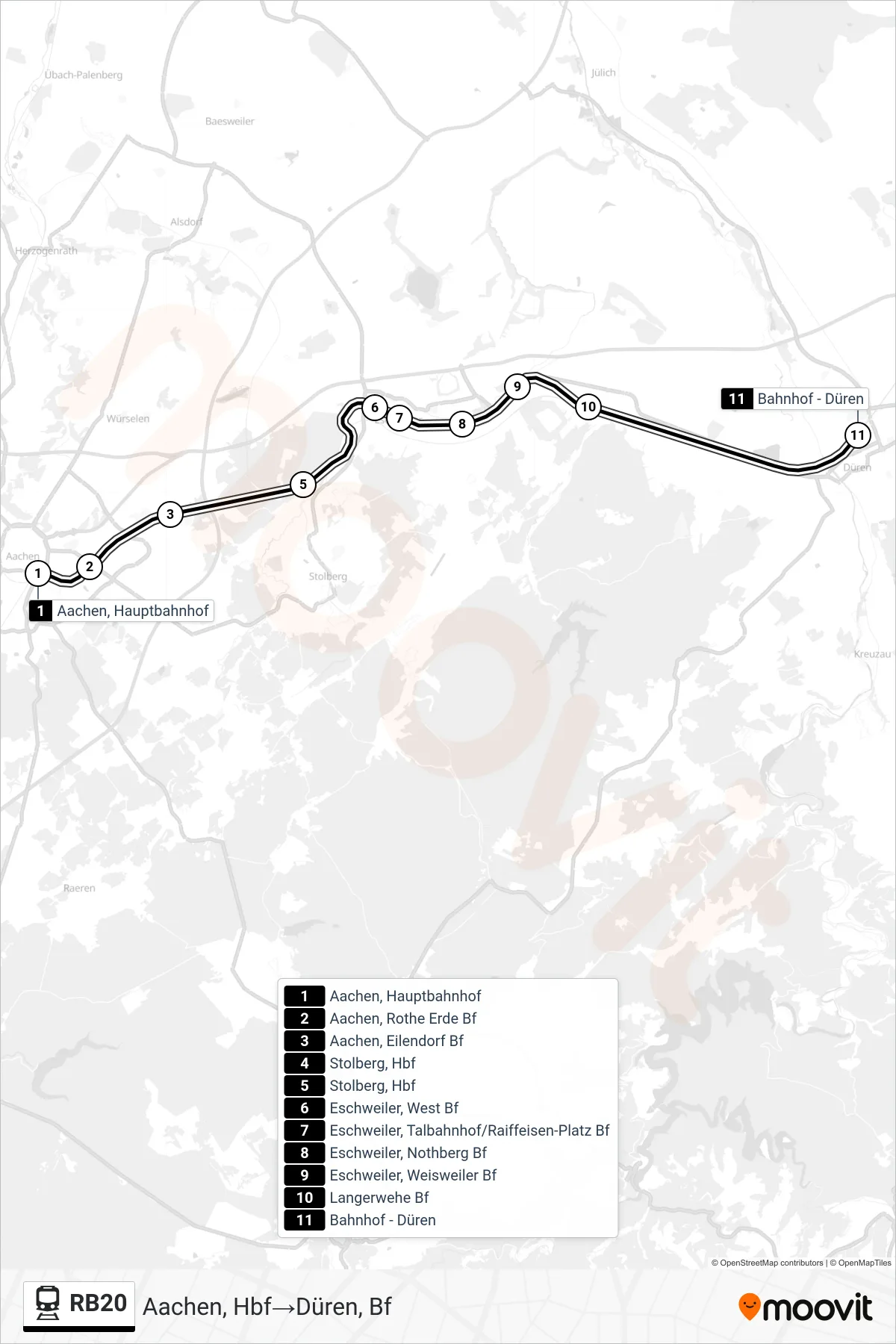Linie RB20 (Bahn) Richtung Aachen, Hbf‎→Düren, Bf: Route und Haltestellen auf der Karte