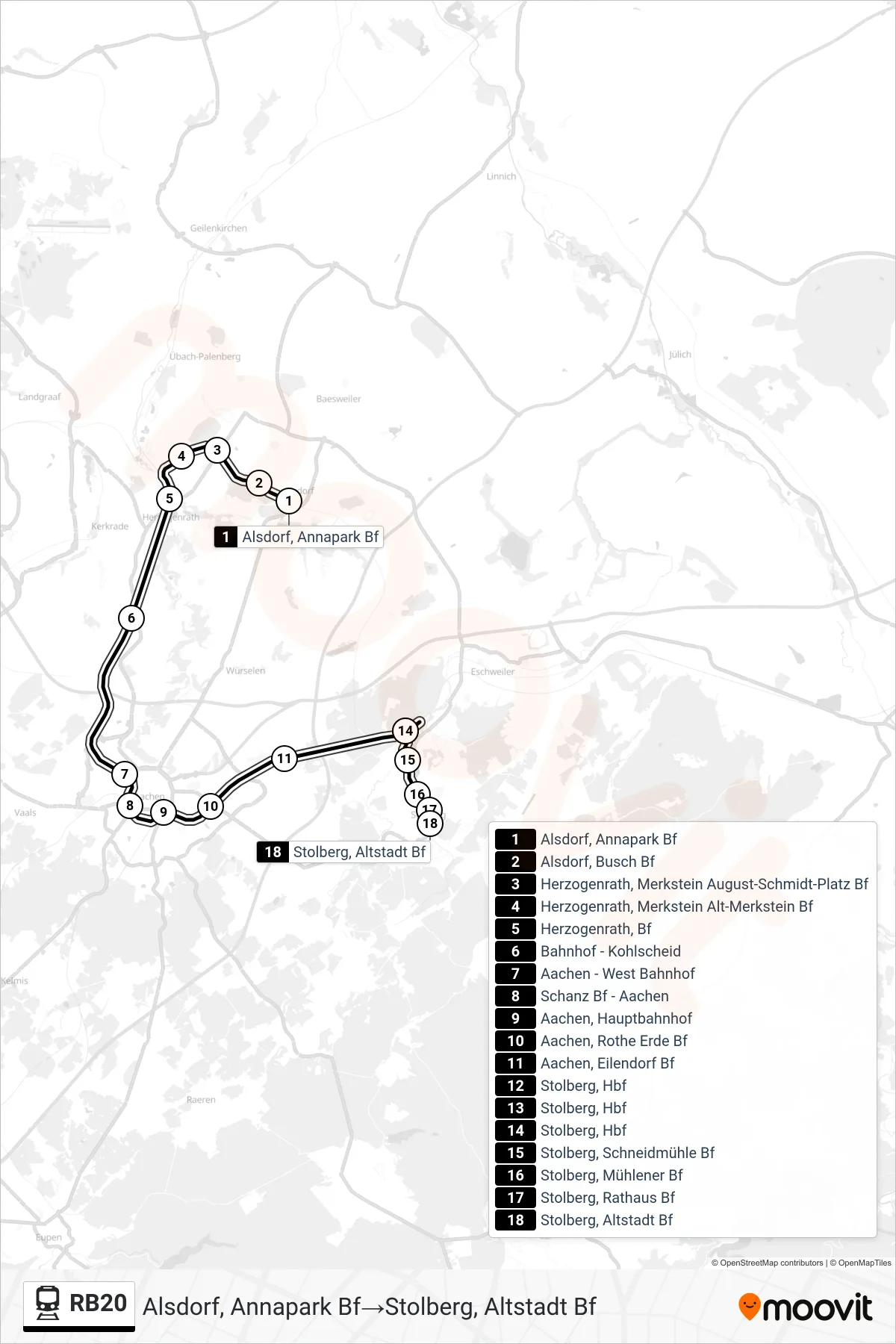 Linie RB20 (Bahn) Richtung Alsdorf, Annapark Bf‎→Stolberg, Altstadt Bf: Route und Haltestellen auf der Karte