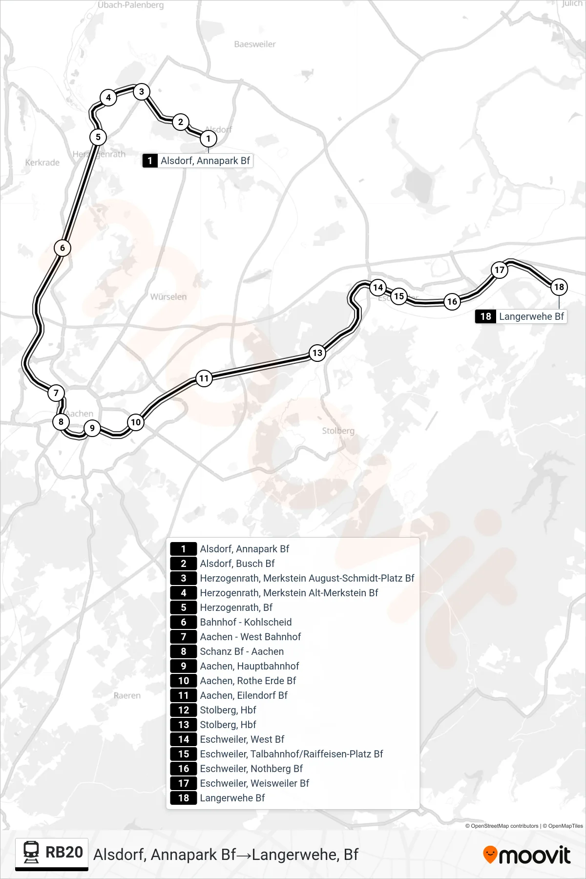 Linie RB20 (Bahn) Richtung Alsdorf, Annapark Bf‎→Langerwehe, Bf: Route und Haltestellen auf der Karte