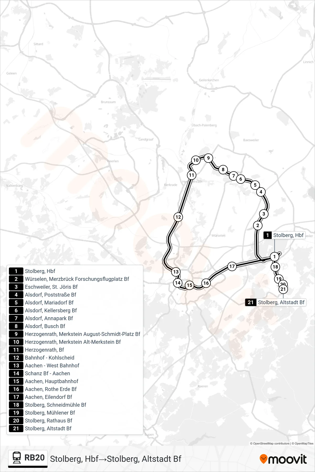 Linie RB20 (Bahn) Richtung Stolberg, Hbf→Stolberg, Altstadt Bf: Route und Haltestellen auf der Karte