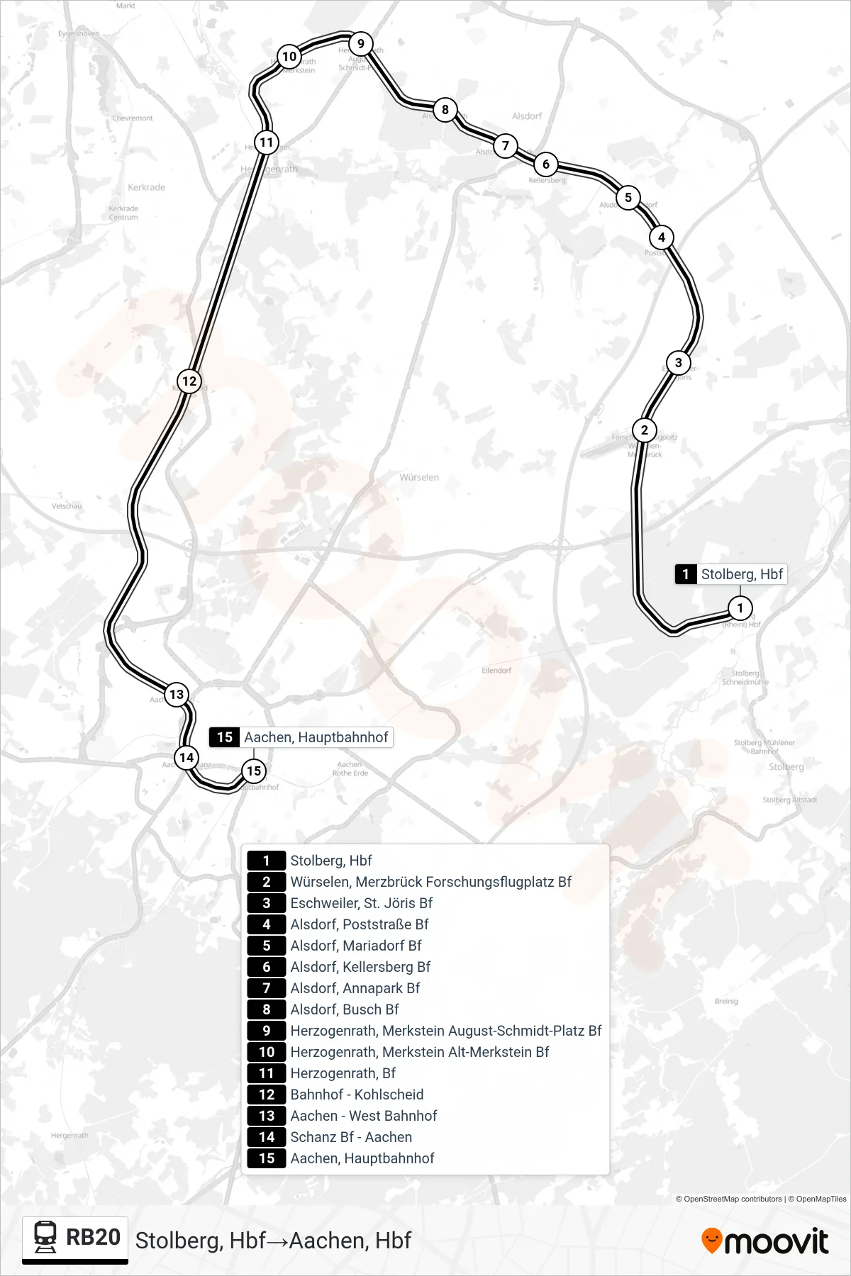 Linie RB20 (Bahn) Richtung Stolberg, Hbf→Aachen, Hbf: Route und Haltestellen auf der Karte