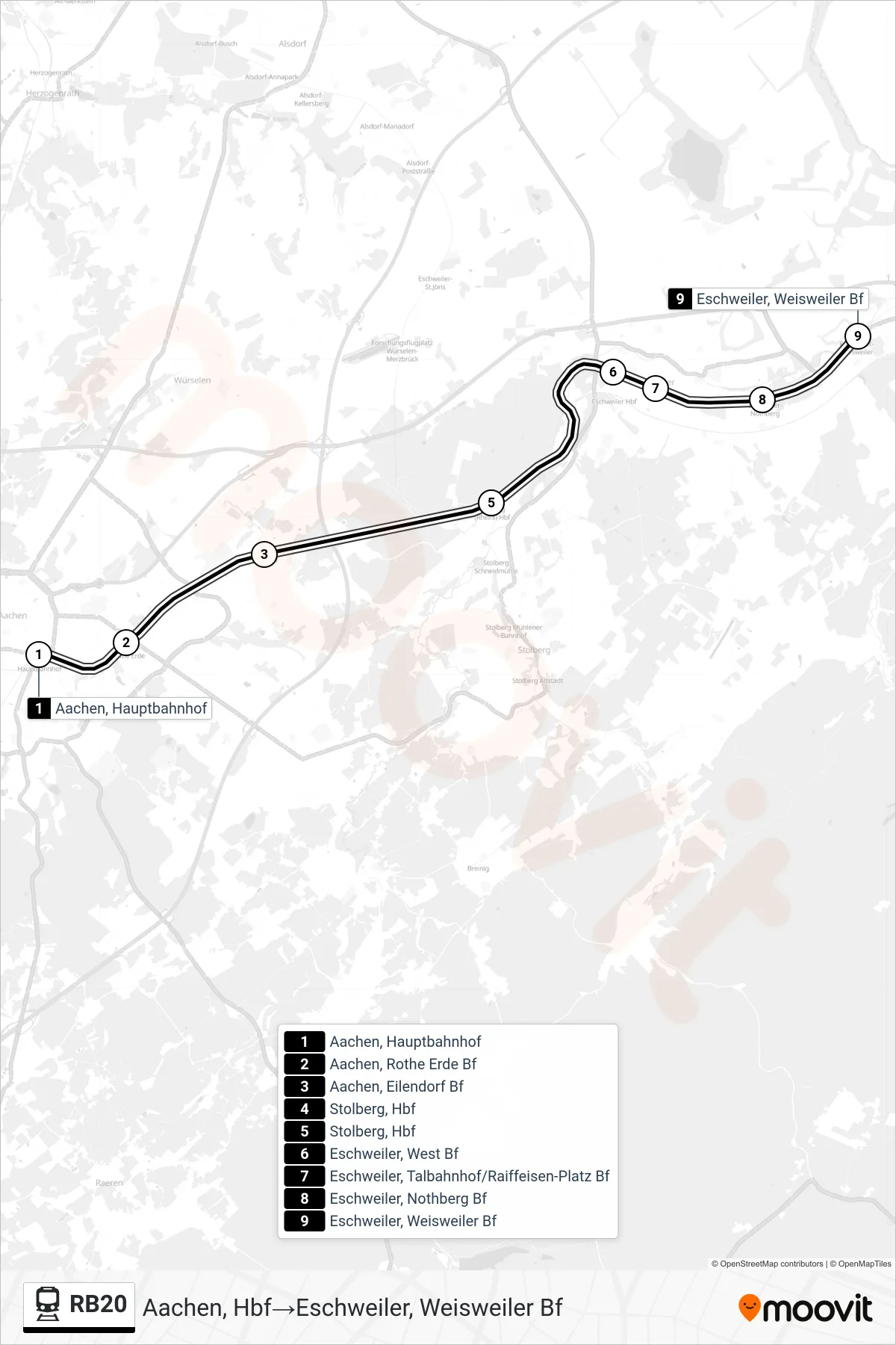 Linie RB20 (Bahn) Richtung Aachen, Hbf‎→Eschweiler, Weisweiler Bf: Route und Haltestellen auf der Karte