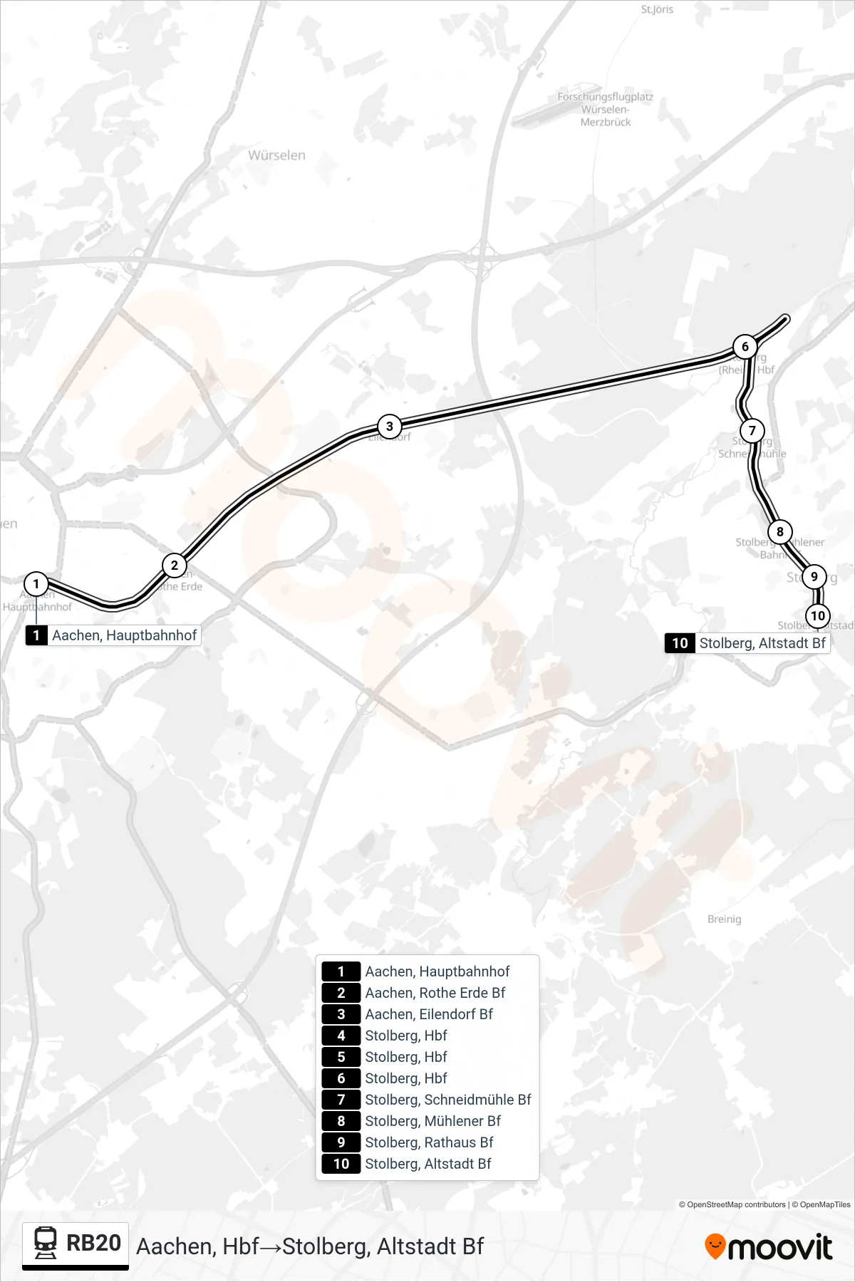 Linie RB20 (Bahn) Richtung Aachen, Hbf→Stolberg, Altstadt Bf: Route und Haltestellen auf der Karte