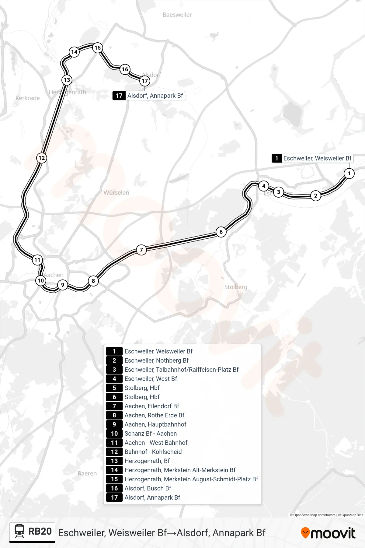 Linie RB20 (Bahn) Richtung Eschweiler, Weisweiler Bf‎→Alsdorf, Annapark Bf: Route und Haltestellen auf der Karte