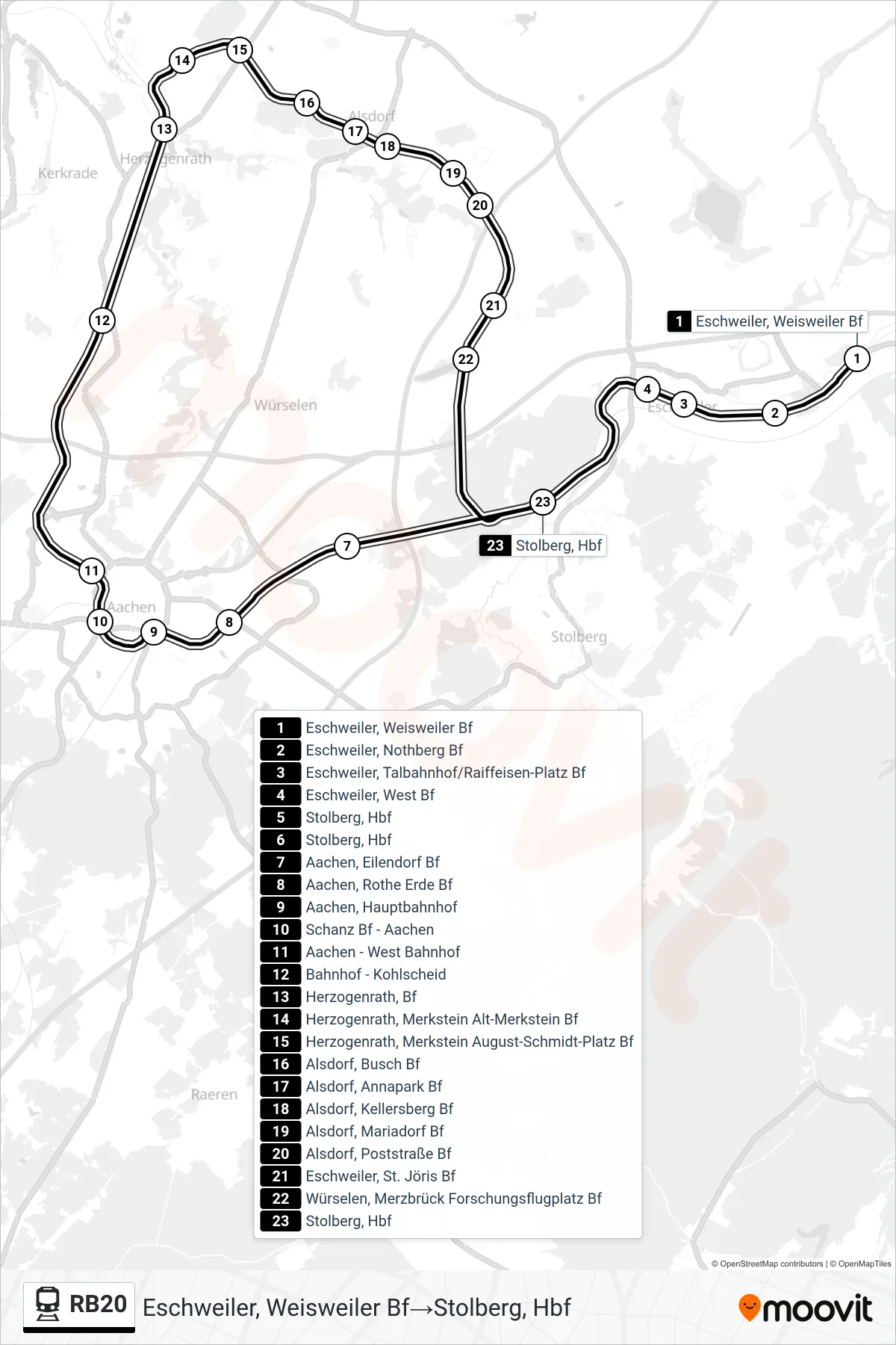 Linie RB20 (Bahn) Richtung Eschweiler, Weisweiler Bf‎→Stolberg, Hbf: Route und Haltestellen auf der Karte