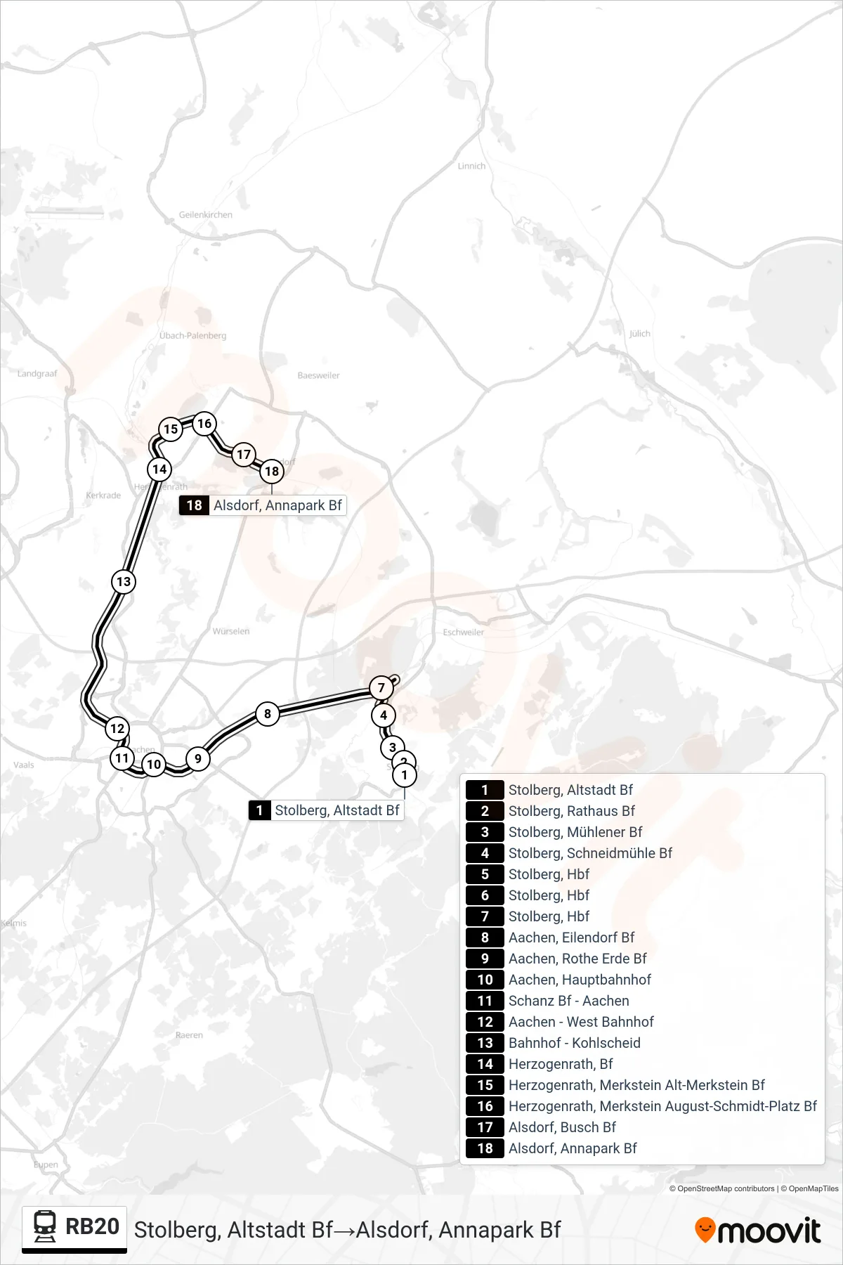Linie RB20 (Bahn) Richtung Stolberg, Altstadt Bf→Alsdorf, Annapark Bf: Route und Haltestellen auf der Karte