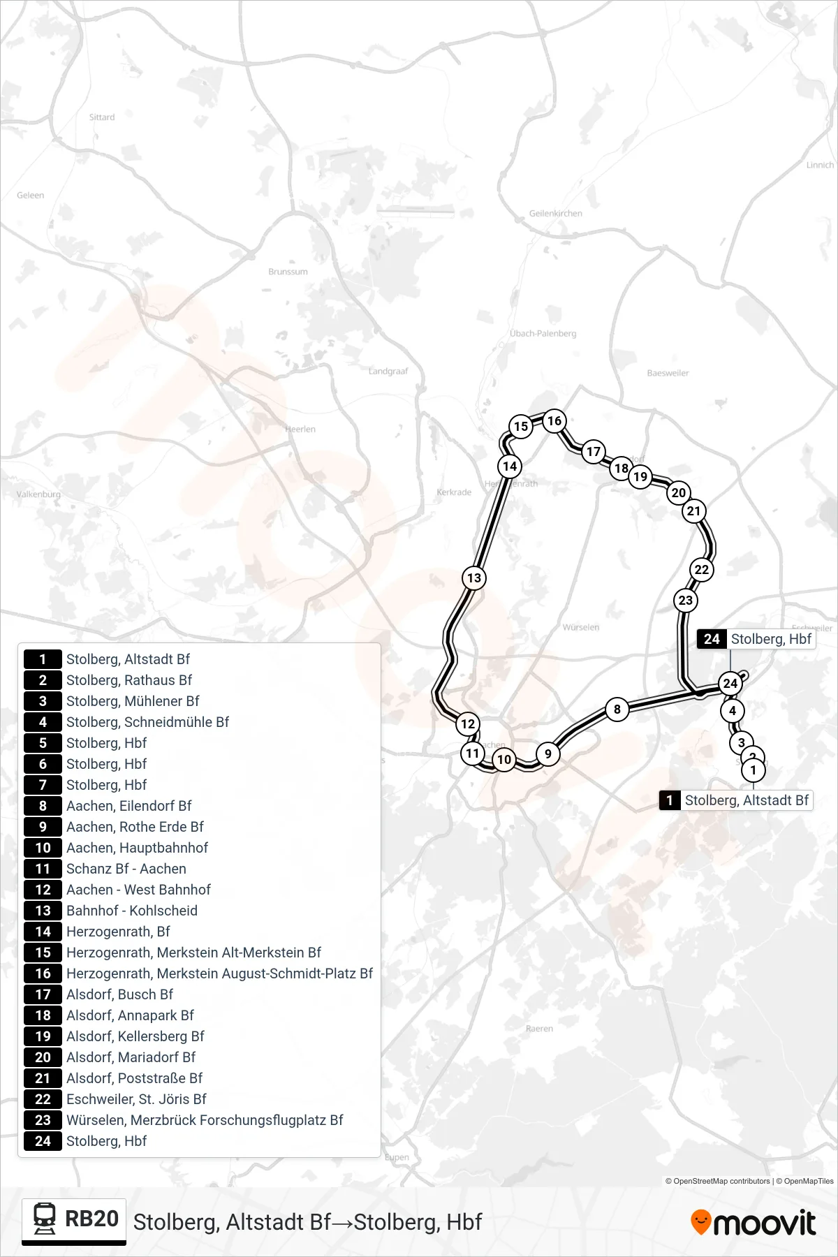 Linie RB20 (Bahn) Richtung Stolberg, Altstadt Bf→Stolberg, Hbf: Route und Haltestellen auf der Karte