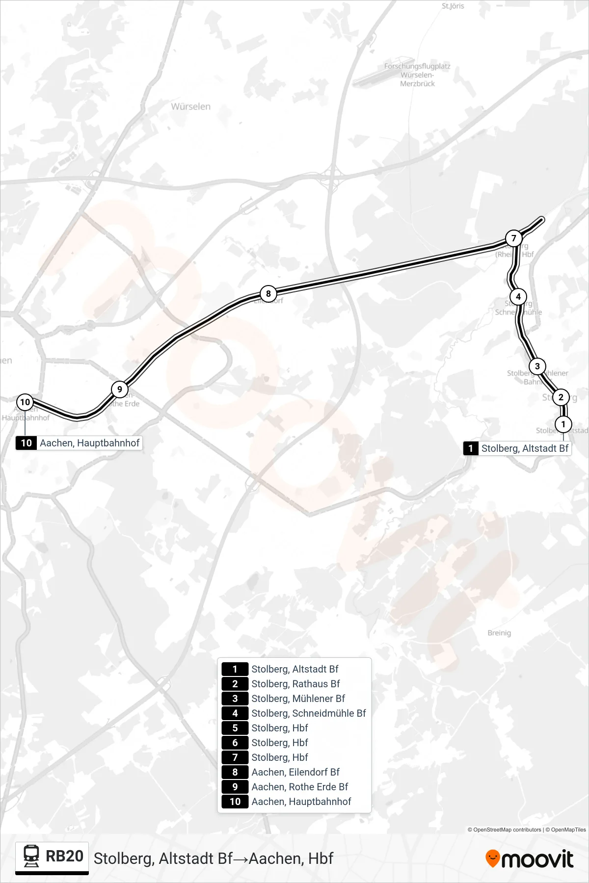 Linie RB20 (Bahn) Richtung Stolberg, Altstadt Bf‎→Aachen, Hbf: Route und Haltestellen auf der Karte
