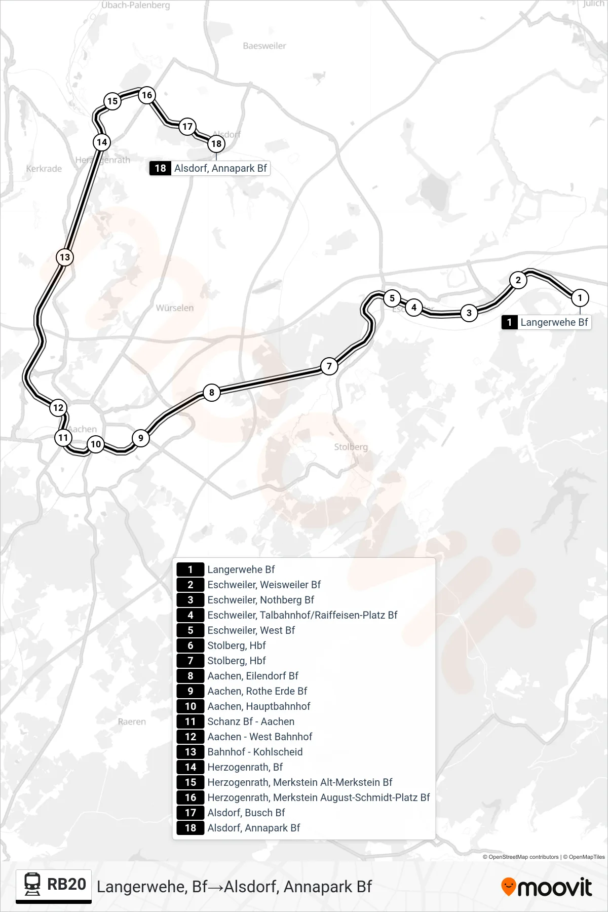 Linie RB20 (Bahn) Richtung Langerwehe, Bf→Alsdorf, Annapark Bf: Route und Haltestellen auf der Karte