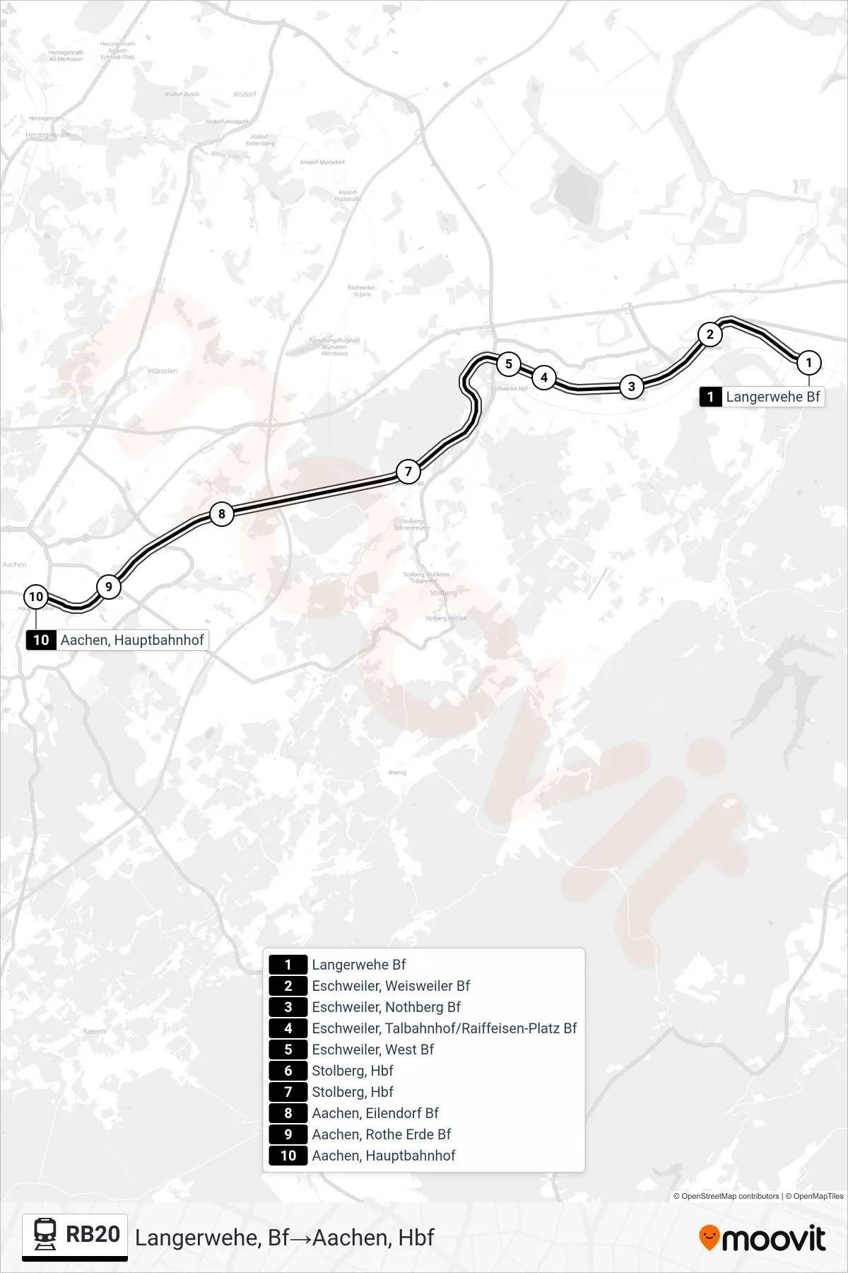 Linie RB20 (Bahn) Richtung Langerwehe, Bf‎→Aachen, Hbf: Route und Haltestellen auf der Karte