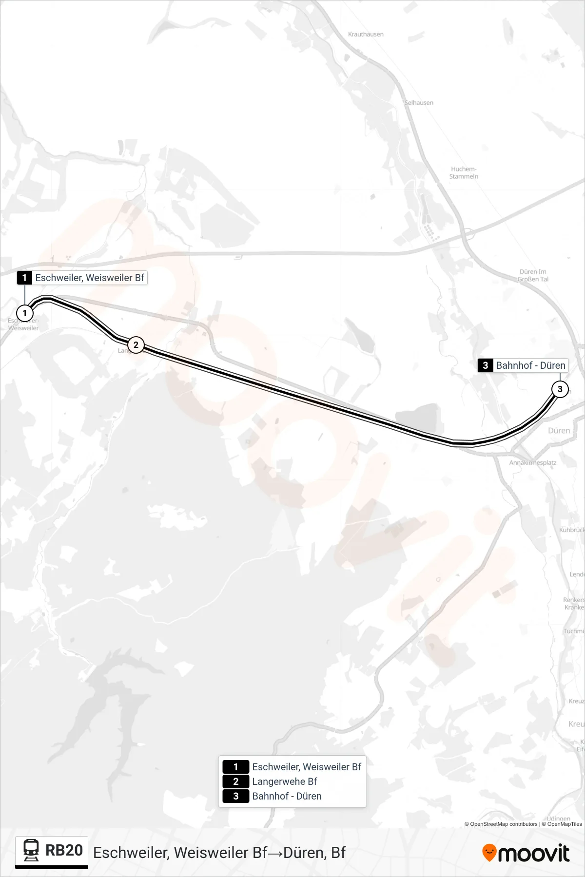 Linie RB20 (Bahn) Richtung Eschweiler, Weisweiler Bf‎→Düren, Bf: Route und Haltestellen auf der Karte