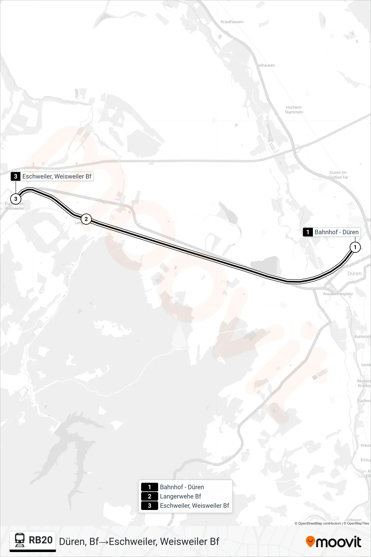 Linie RB20 (Bahn) Richtung Düren, Bf‎→Eschweiler, Weisweiler Bf: Route und Haltestellen auf der Karte