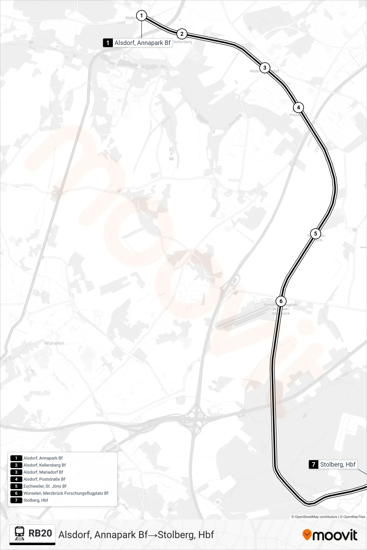 Linie RB20 (Bahn) Richtung Alsdorf, Annapark Bf→Stolberg, Hbf: Route und Haltestellen auf der Karte
